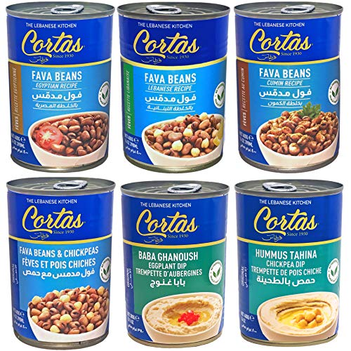 Cortas - Combo of Fava Beans & Appetizers (6 Cans), Lebanese, Egyptian recipe, Fava Beans with Cumin, Fava Beans & Chickpes, Baba Ghanoush, Hummus Tahina)