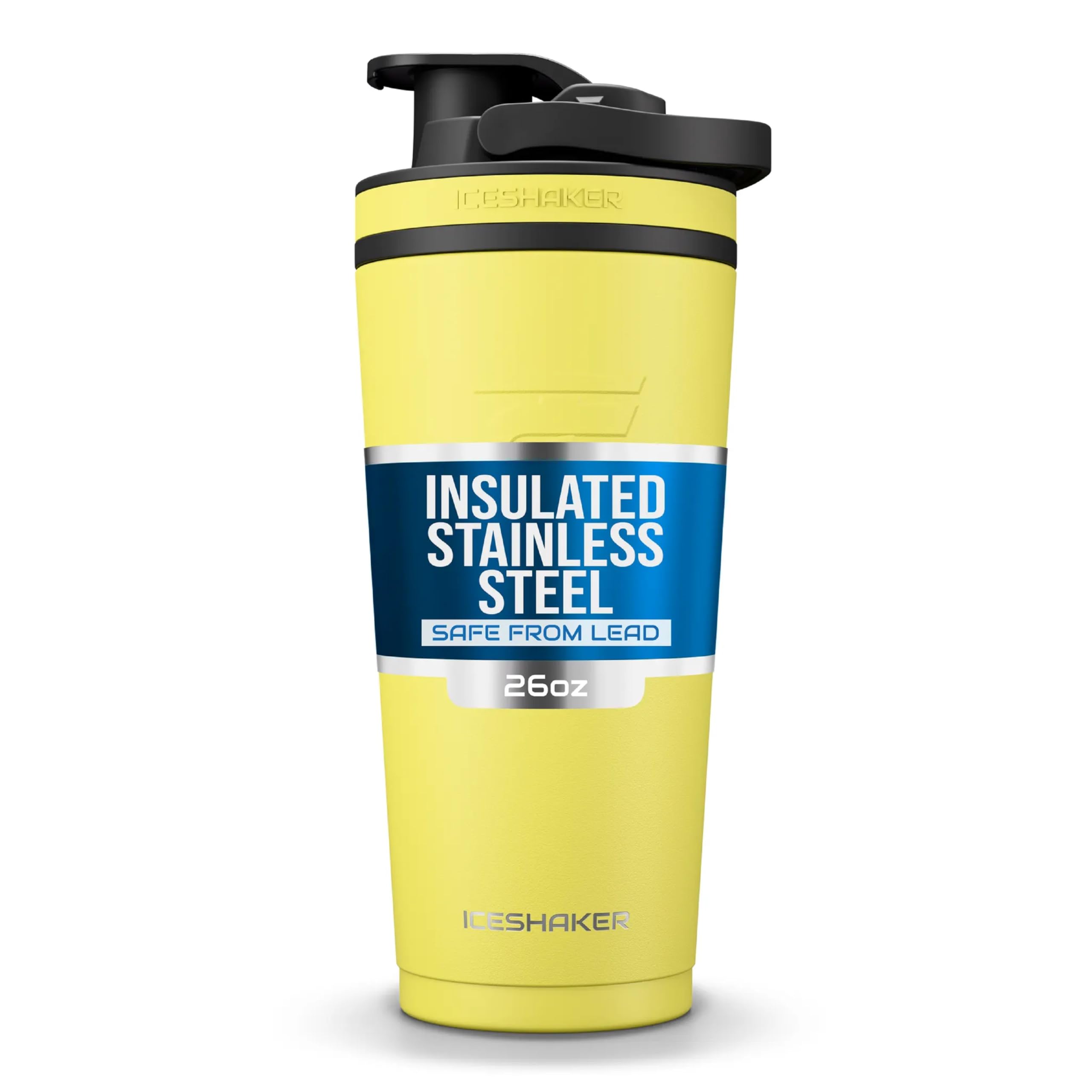 Ice Shaker Insulated Stainless Steel Shaker Bottle | 26oz, Yellow | Cold for 30+ Hours | Insulated Cup with Twist-on Agitator | Odor-Free Bottle for Protein Shakes, Water, Smoothies, Cocktails