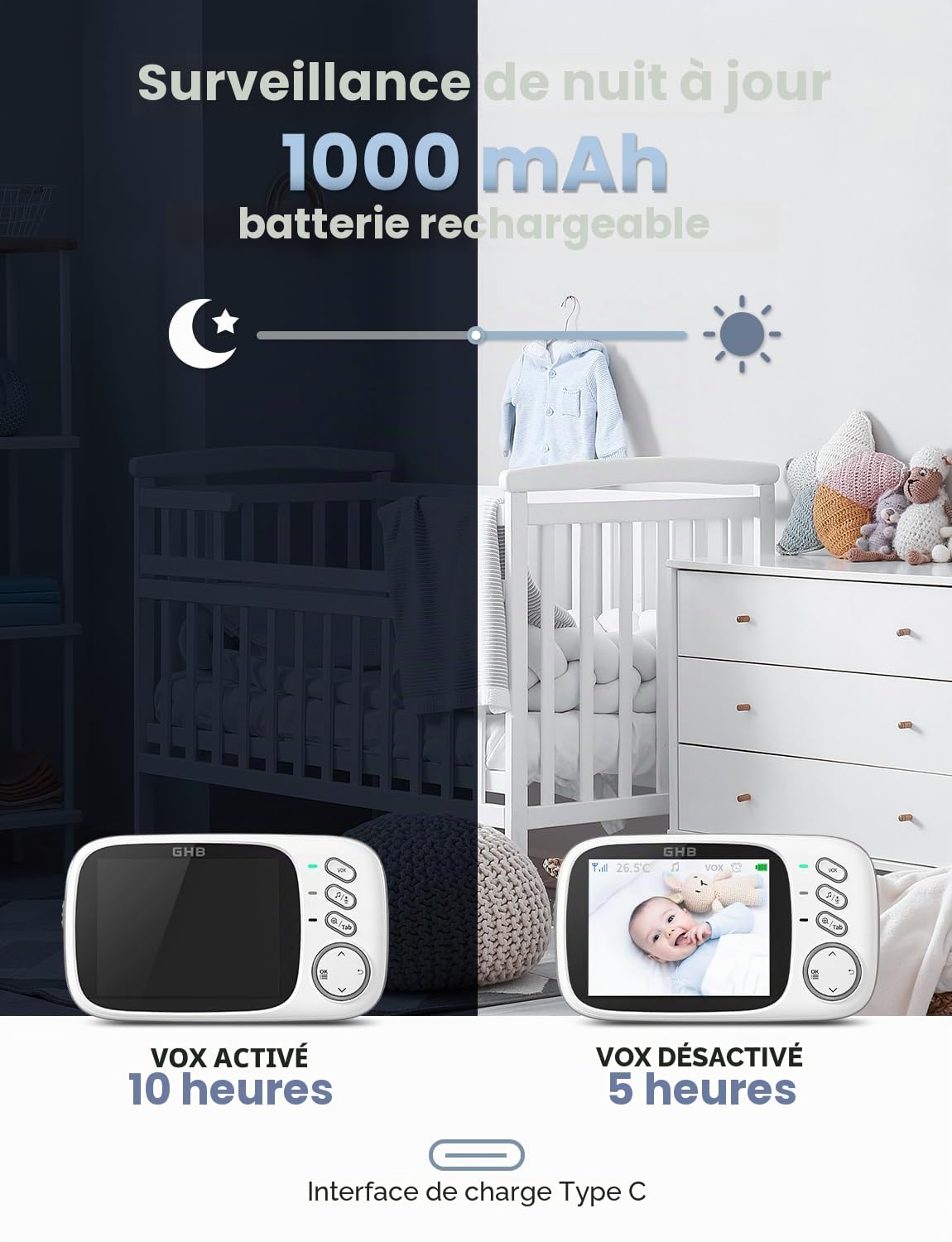 GHB Babyphone avec caméra 3,2" LCD moniteur bébé vision nocturne mode VOX berceuses et fonction interphone