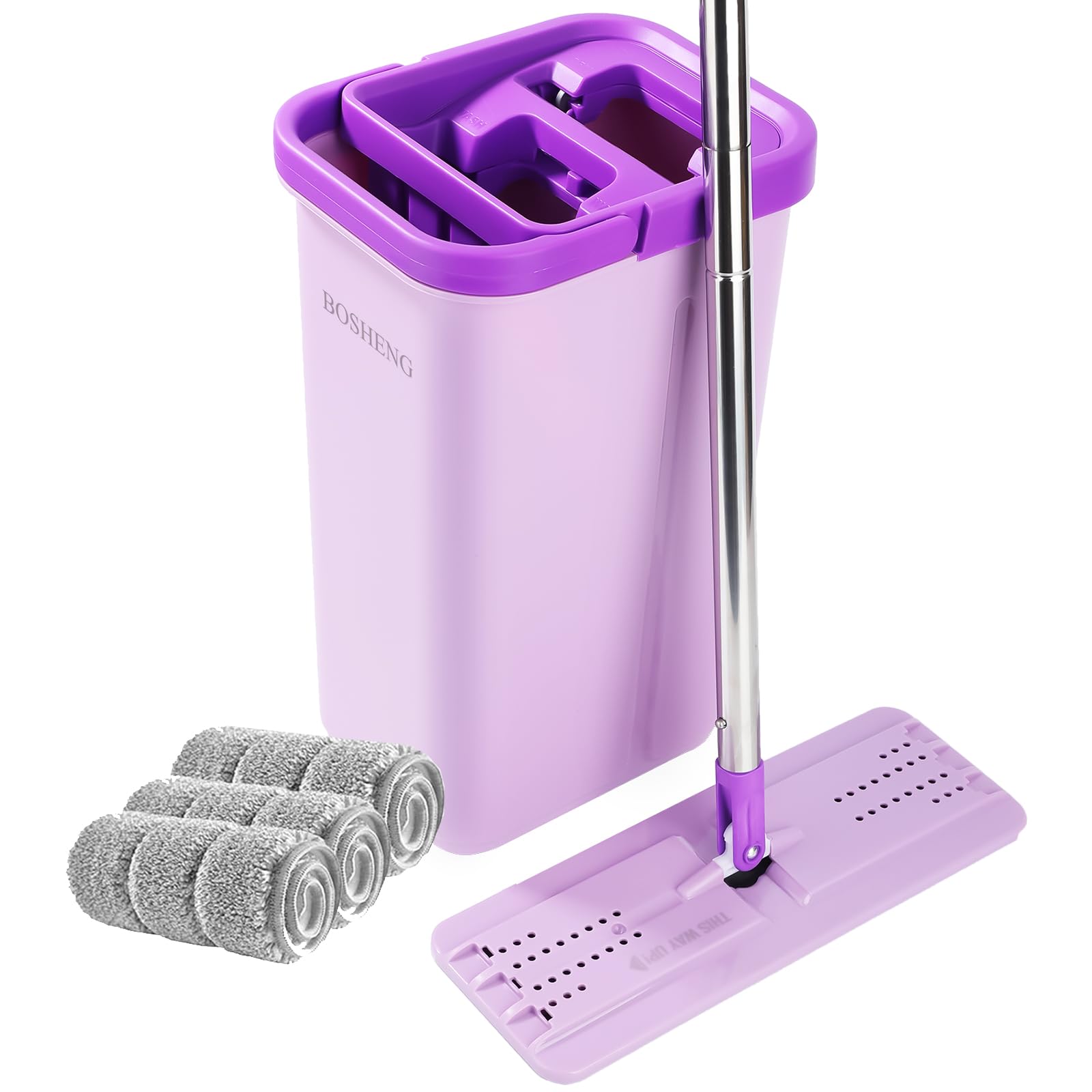 BOSHENG Juego de fregona y cubo con escurridor, fregona plana manos libres y cubo, 3 almohadillas de microfibra lavables incluidas, uso en húmedo y seco, sistema de limpieza de suelos para todo tipo