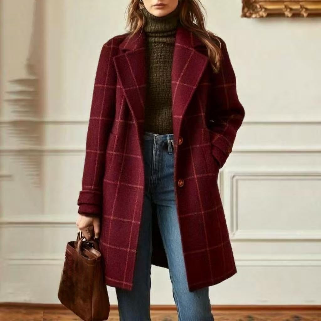 Abrigo De Invierno De Mezcla De Lana para Mujer Cuello con Muescas Botonadura Sencilla Chaqueta De Longitud Media Abrigo Retro A Cuadros Abrigo Tipo Guisante Talla Grande Elegante para Otoño E Invi