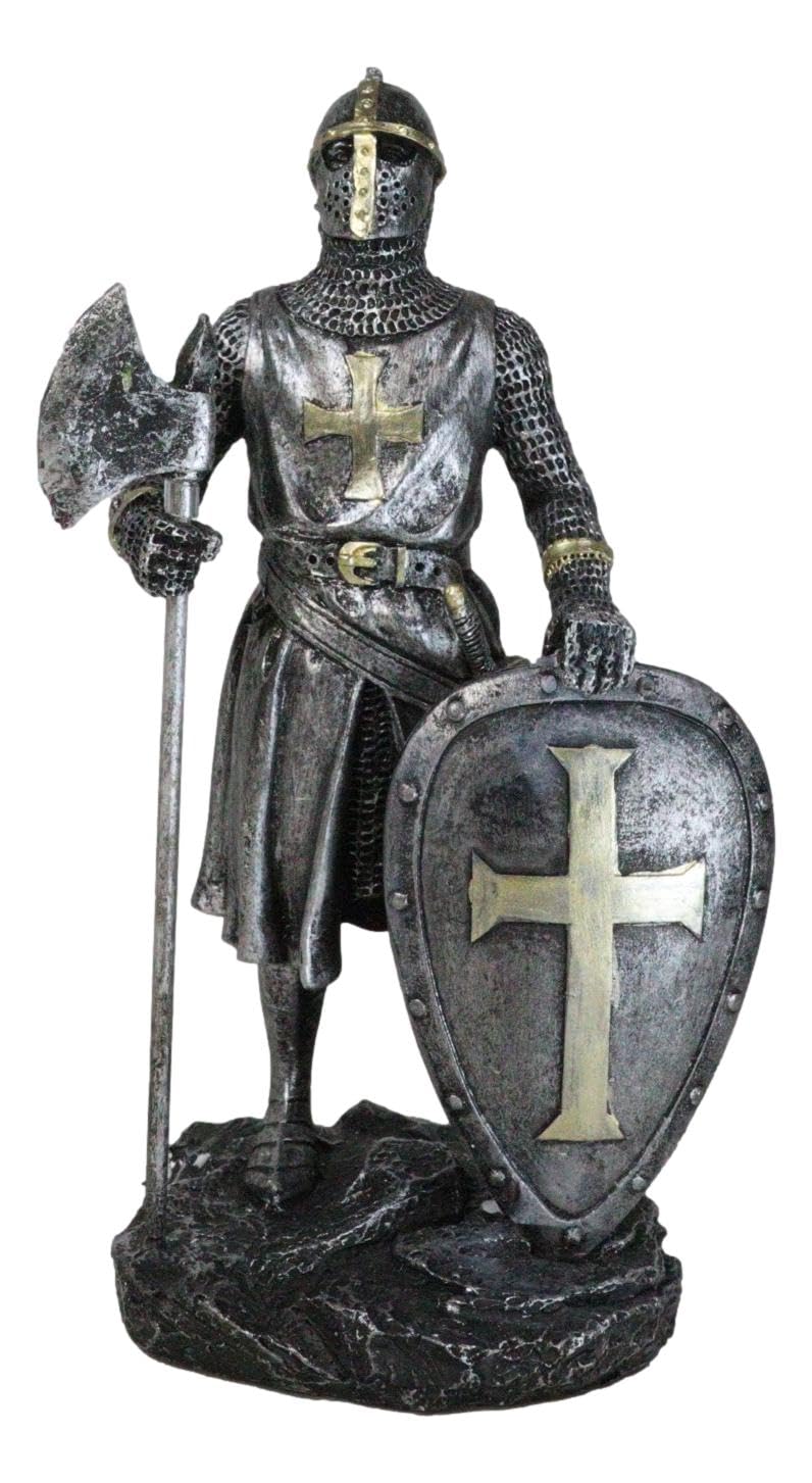 Ebros GiftEbros Gift Medieval Tournament Suit of Armor Crusader Knight with Hand Axe and Large Shield Figurine 7" Tall Renaissance Knighthood Horses Knights of The Cross Decor