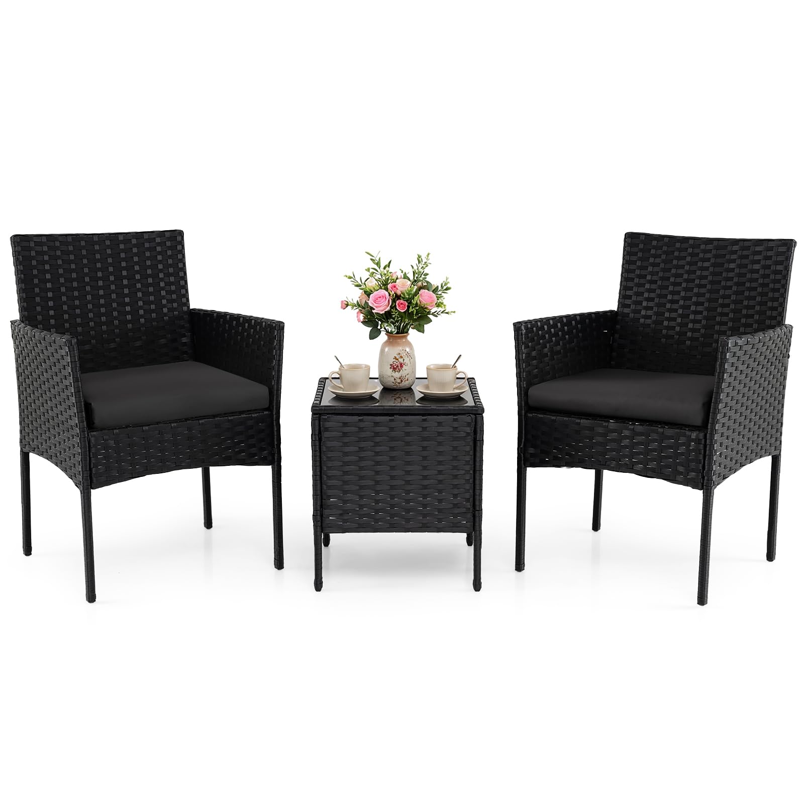 COSTWAY Rattan Gartenmöbel Set, Balkonmöbel mit 2 Stühlen & Gartentisch, wetterfeste Outdoor-Sitzgruppe mit Sitzkissen, 3-teiliges Terrassenmöbel Set für Garten und kleinen Balkon (Schwarz)