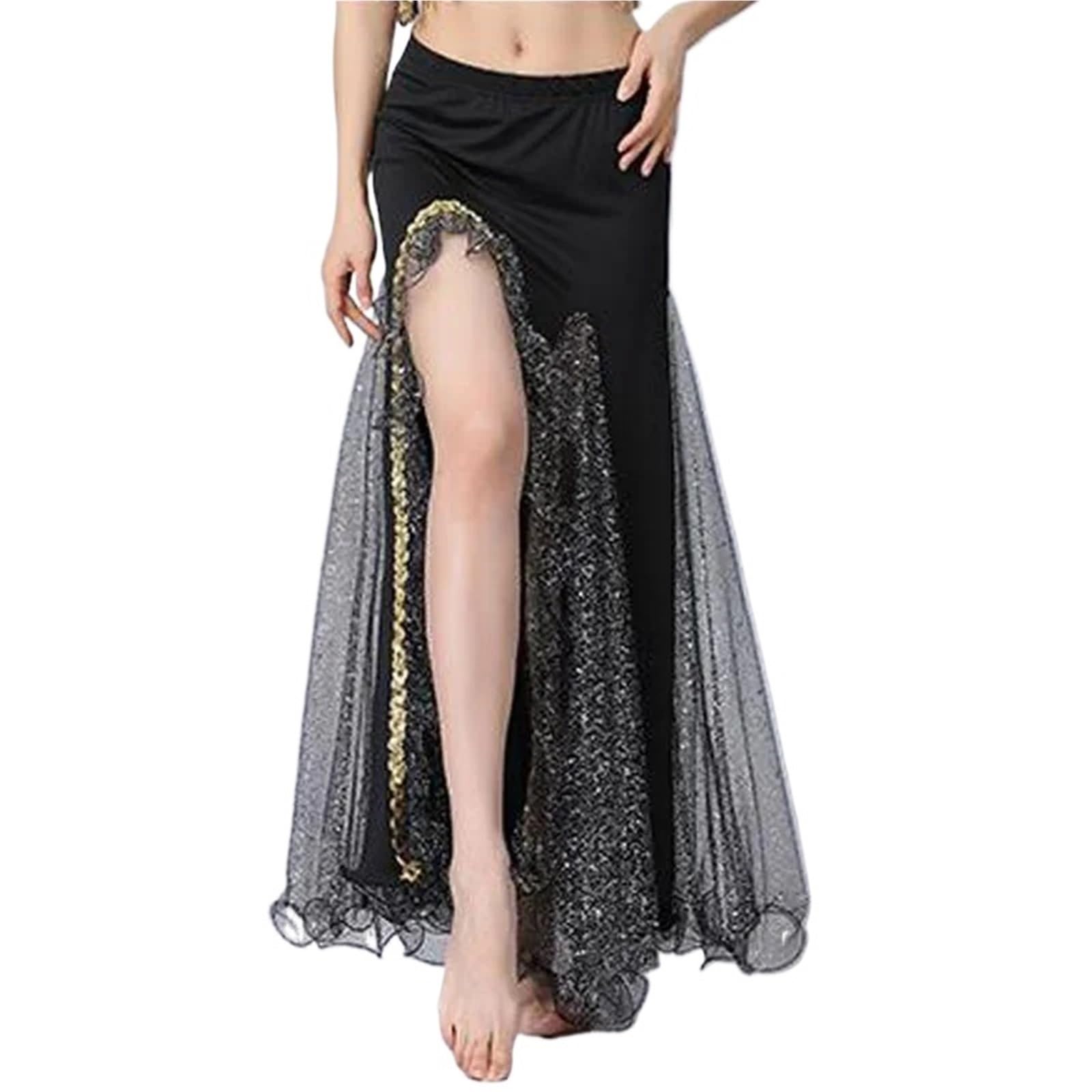 TRRYUIP Belly Dance Skirt Women Sparkly Spilt Belly Dance Skirt Lady Ballroom Long Performance Stage Costume Oriental Dancing Practice Dress(Black)