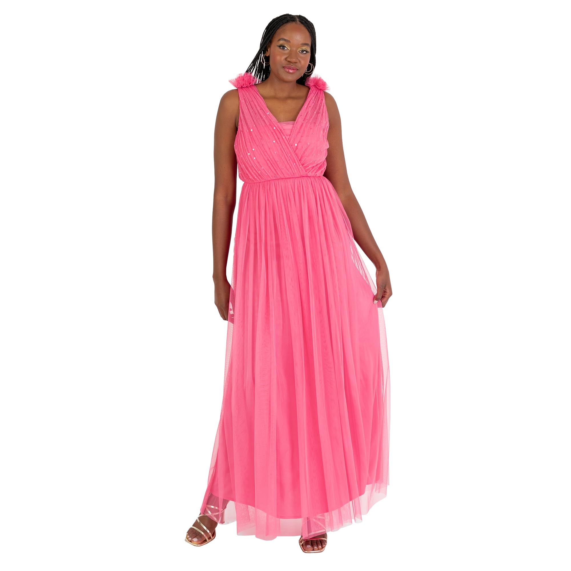 Women's Maxi Dress Ladies Sleeveless V-Neck Sequin Embellished Tulle Ruffle Shoulder A-line Bridesmaid Prom Ball Gown