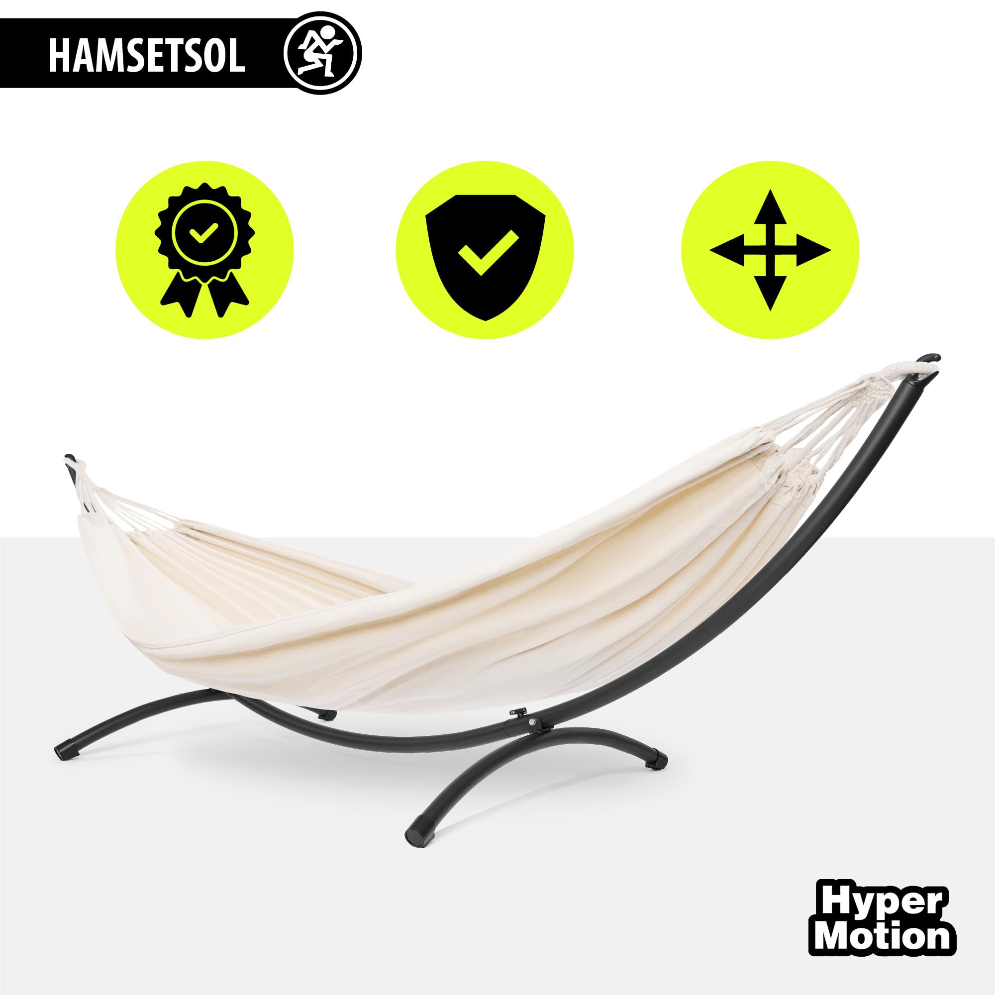 HyperMotion Set Hängematte mit Metall-Bogengestell, Beige, 50% Polyester und 50% Baumwolle, 200x150cm, 1,35kg, bis 100kg