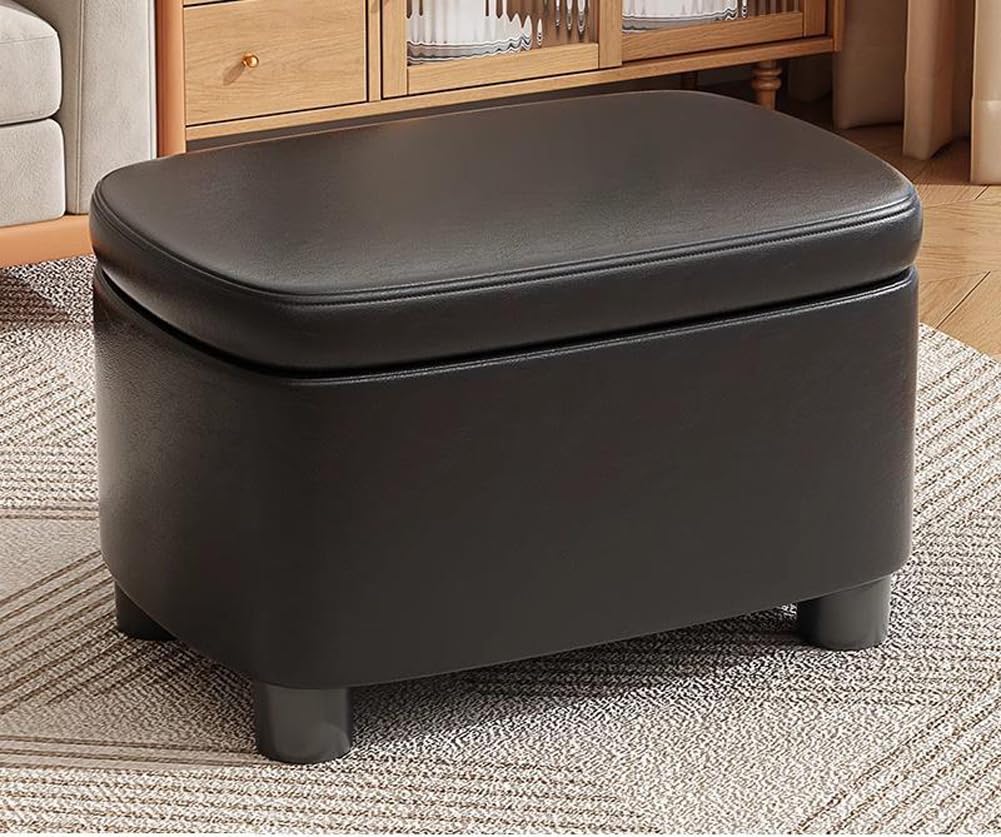 Modern Storage Ottoman Faux Leather Foot Rest Stool with Hinged Lid,Upholstered Ottoman Storage Thicken Foam Padded Seat for Living Room Entryway (Black)