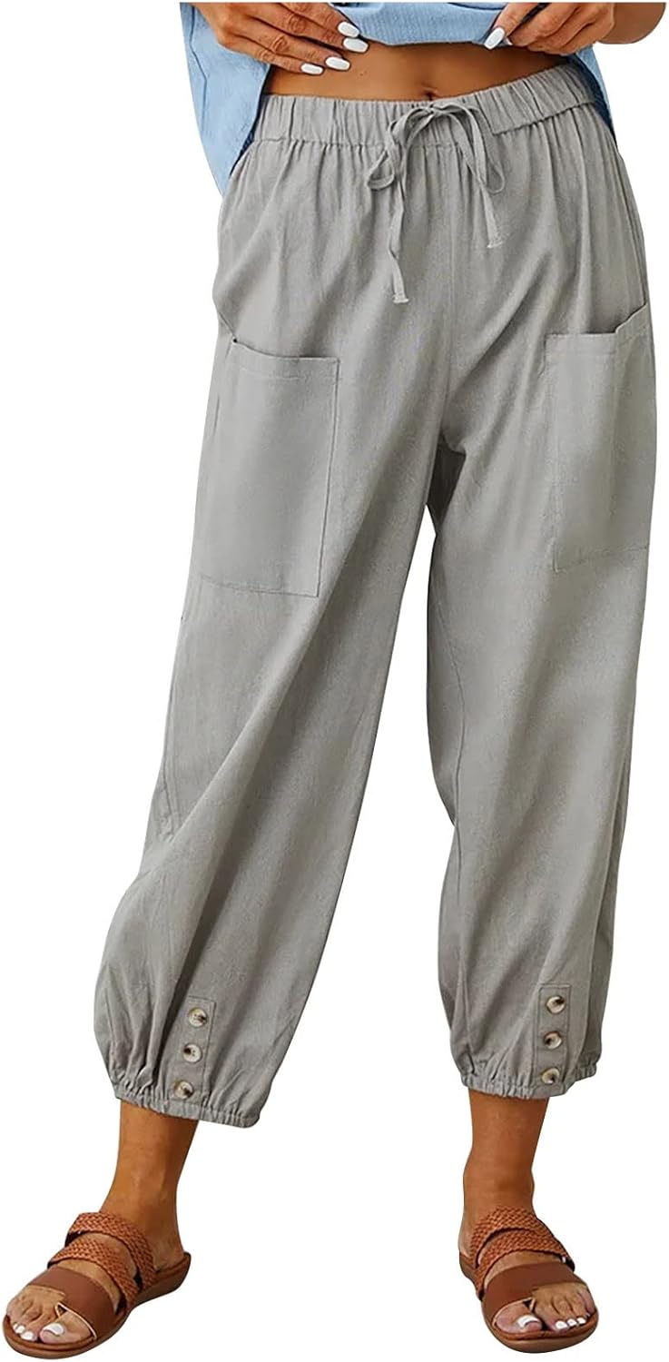 Wide Leg Pants For Women Summer Lightweight 3/4 Length Solid Color High Waist Linen Pants Baggy Cropped Lounge Pants Loose Fit Work Trousers Capri