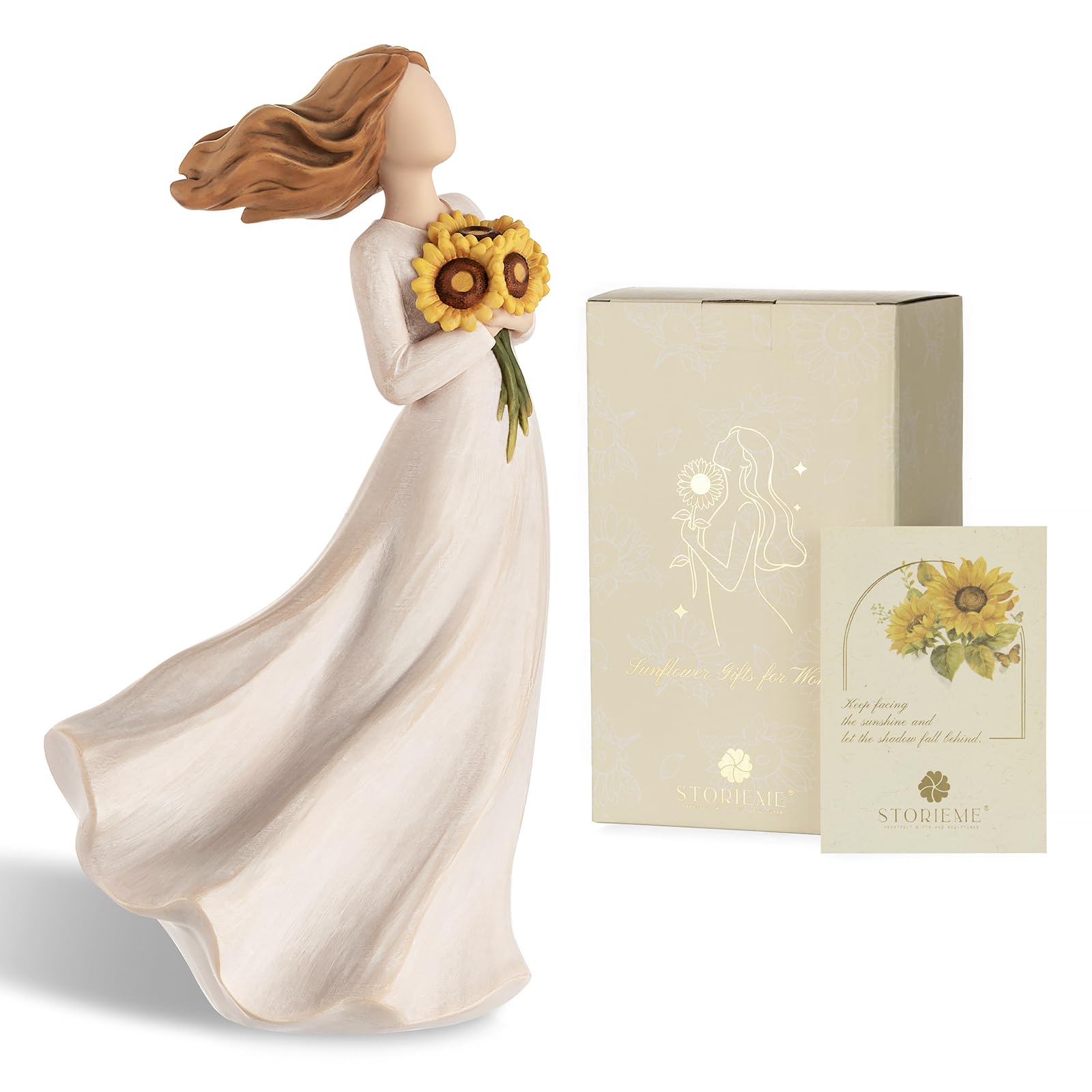 Storieme Sunflower Gifts for Women Birthday: Resin Girl Facing Sunshine Figurine | Encouragement Get Well Soon Present | Inspirational Healing Home Decor for Sunflower Lovers