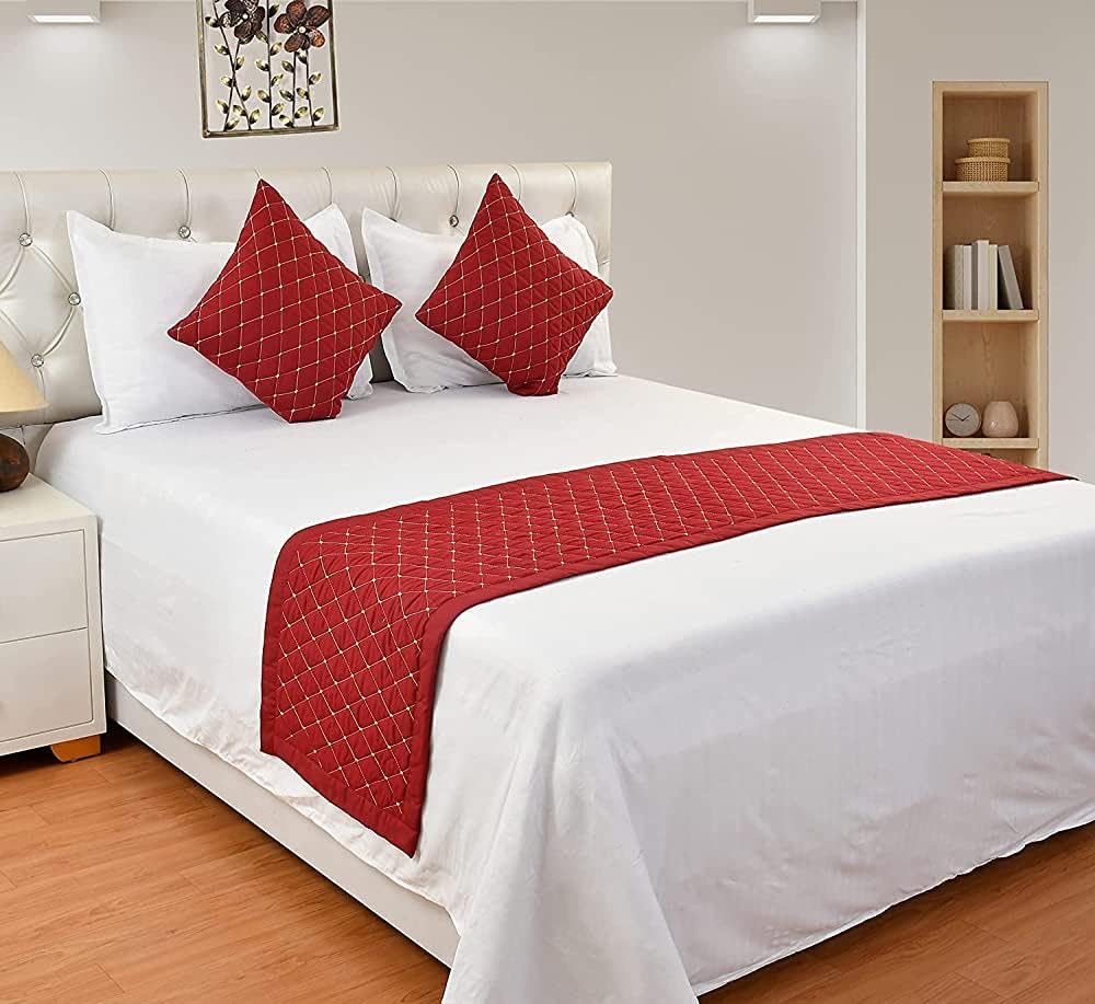 Achyuta creation Multicolour Dupion Silk Quilted Bed Runner 18×95 Inches with 2 nos Cushion Covers 16×16 Inches (Multicolour-3)