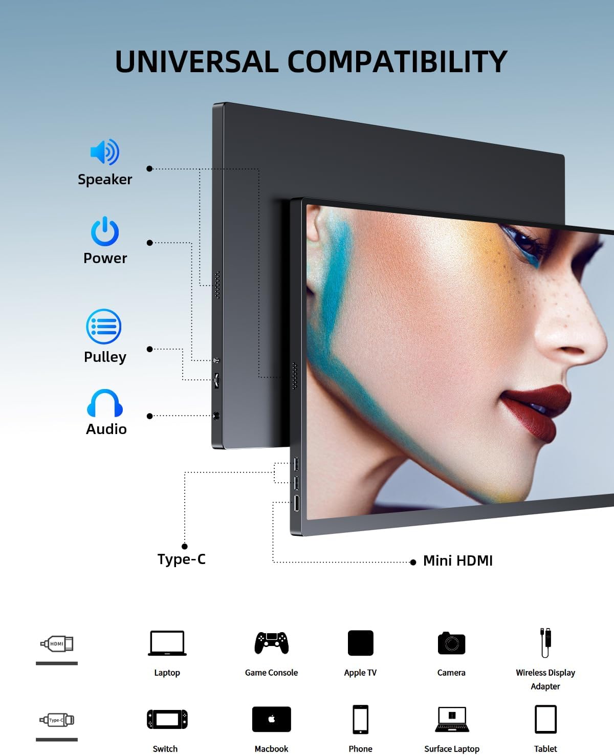 UPERFECT Portable Monitor 18.5 inch 120 Hz 100% sRGB 1080P Portable Laptop Monitor w/Smart Cover, VESA & Speakers, Frameless IPS HDR Gaming Monitor USB-C HDMI Travel Second Monitor - Image 6