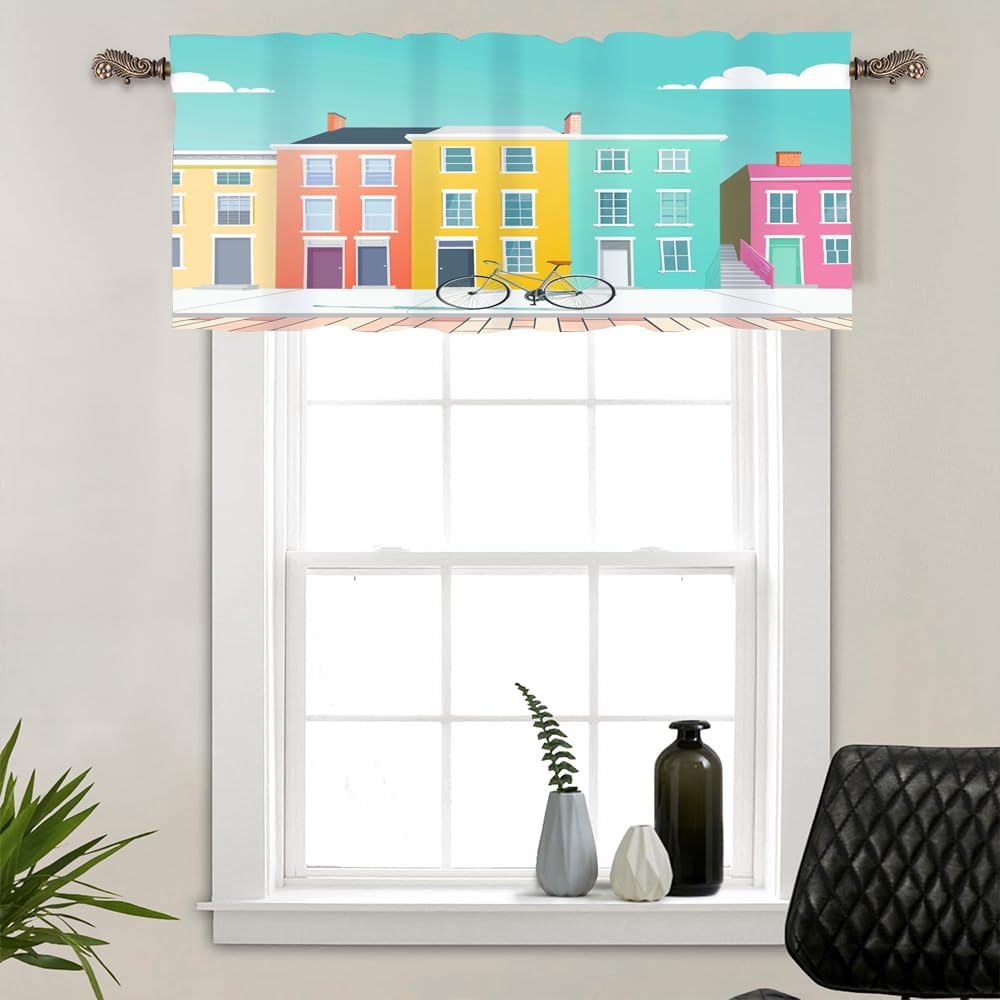 2 Panels City Architecture Valances for Windows, Traditional Bicycle Cartoon Style Rod Pocket Valance Curtains Home Decor Window Treatment for Kitchen/Living Room, 54" W X 18" L