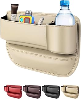 Car seat gap filler organizer,2024 Universal New Seat Gap Storage Box, Car Leather Cup Holder Gap Bag for Glasses Phones Keys and Cards (off white, Passenger Side)