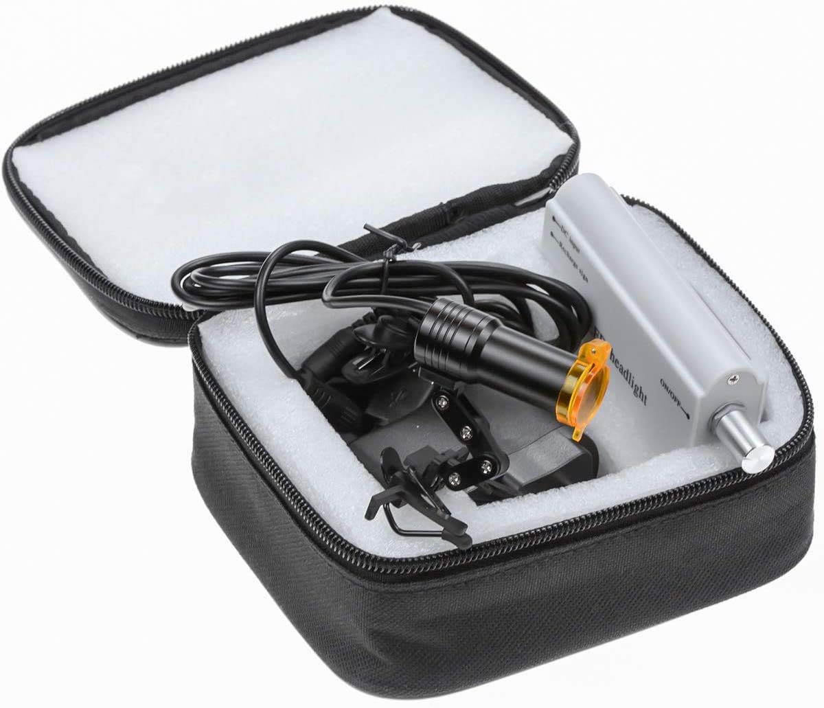 BONEW Zahnärztliche chirurgische Stirnlampe 5 W LED-Hochleistungs-Leuchte mit hoher Helligkeit, batteriebetrieben, mit Filter, Clip-on-Typ + Stofftasche für alle Brillen (Silber)