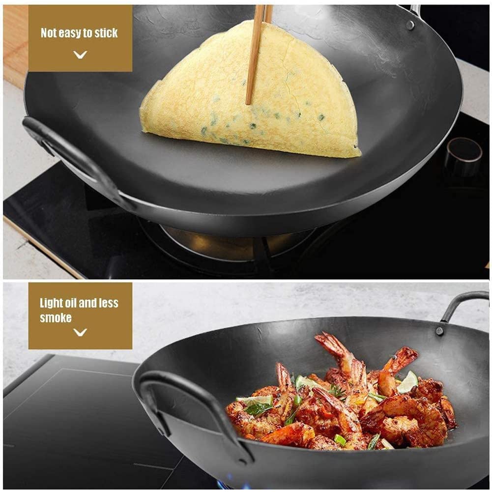 Wok in ghisa a Due Manici, Wok da Campeggio all'aperto di Alta qualità Wok Grande, Antiaderente, Non Rivestito, in ghisa con Due Orecchie,45