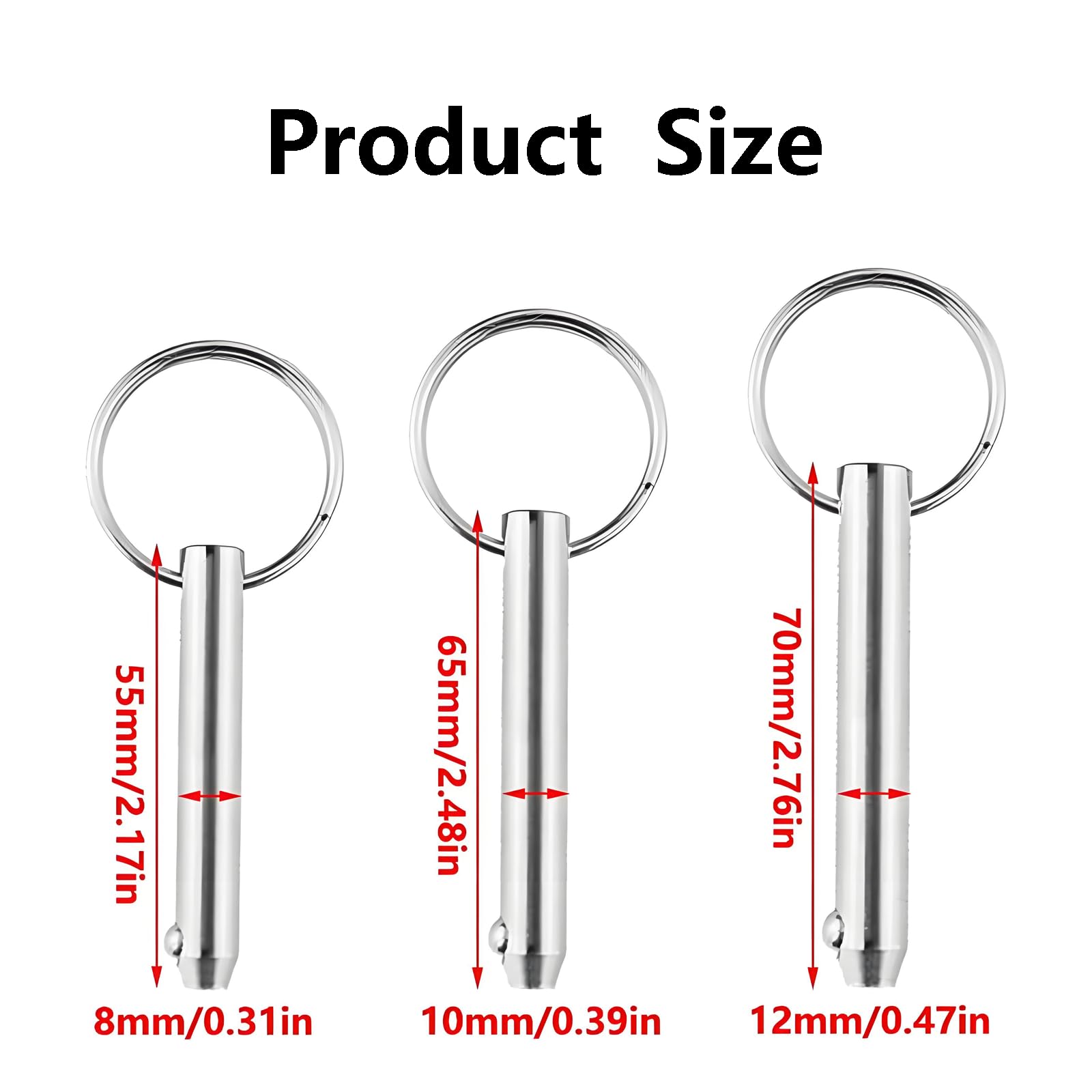 Set di 4 Perni a Sgancio Rapido in Acciaio Inox con Sfera Caricata a Molla, Anello in Acciaio Inox, per Accessori per Bbarche (8 x 55 mm)