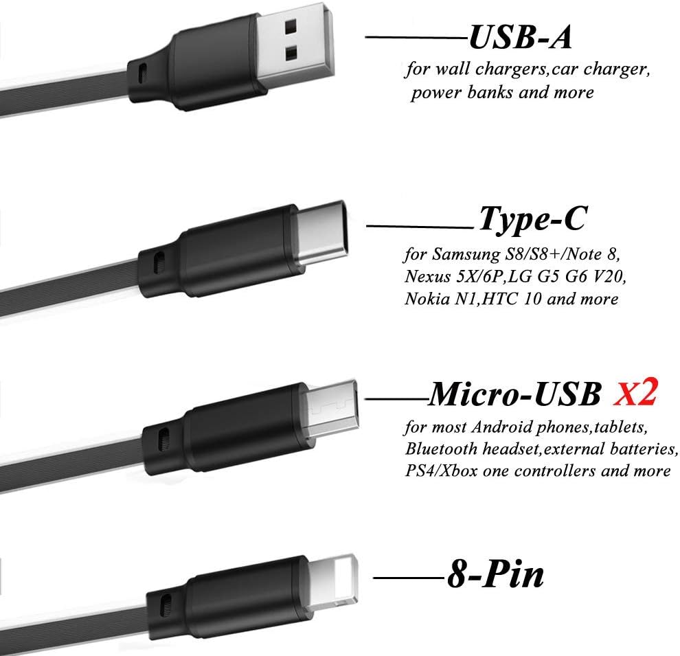 CKCOCO Multi USB Charger Cable Retractable (2Pack 1.2M/3.93FT) 4 in 1 Multiple Charging Cord Adapter with 8Pin/Type-C/Micro USB x2 Connectors for Cell Phones Tablets Universal Use (Charging Only)