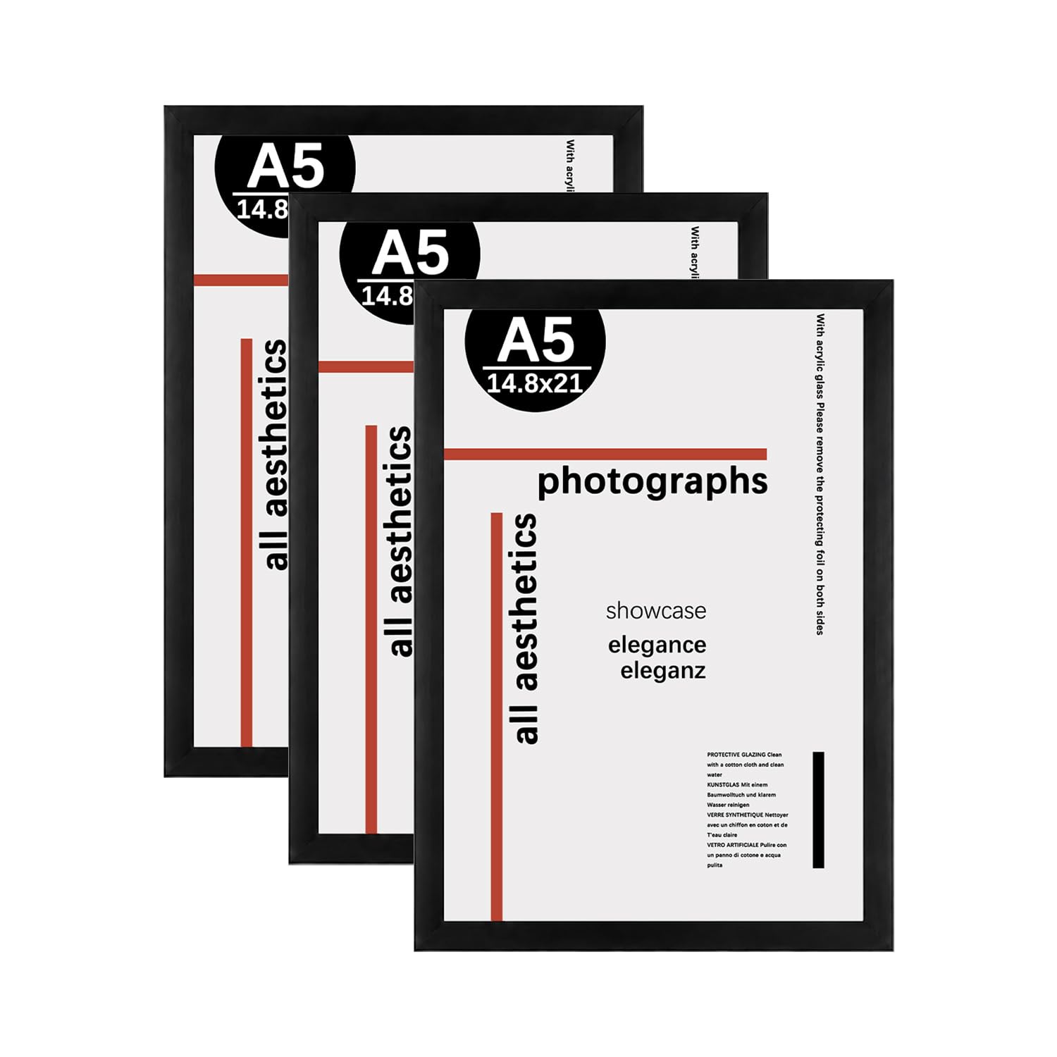 KAIWIN A5 Picture Frame Set of 3, A5 Black Picture Frames 21x14.8cm, Photo Frame with Acrylic Glass for Stand Tabletop or Wall Hanging