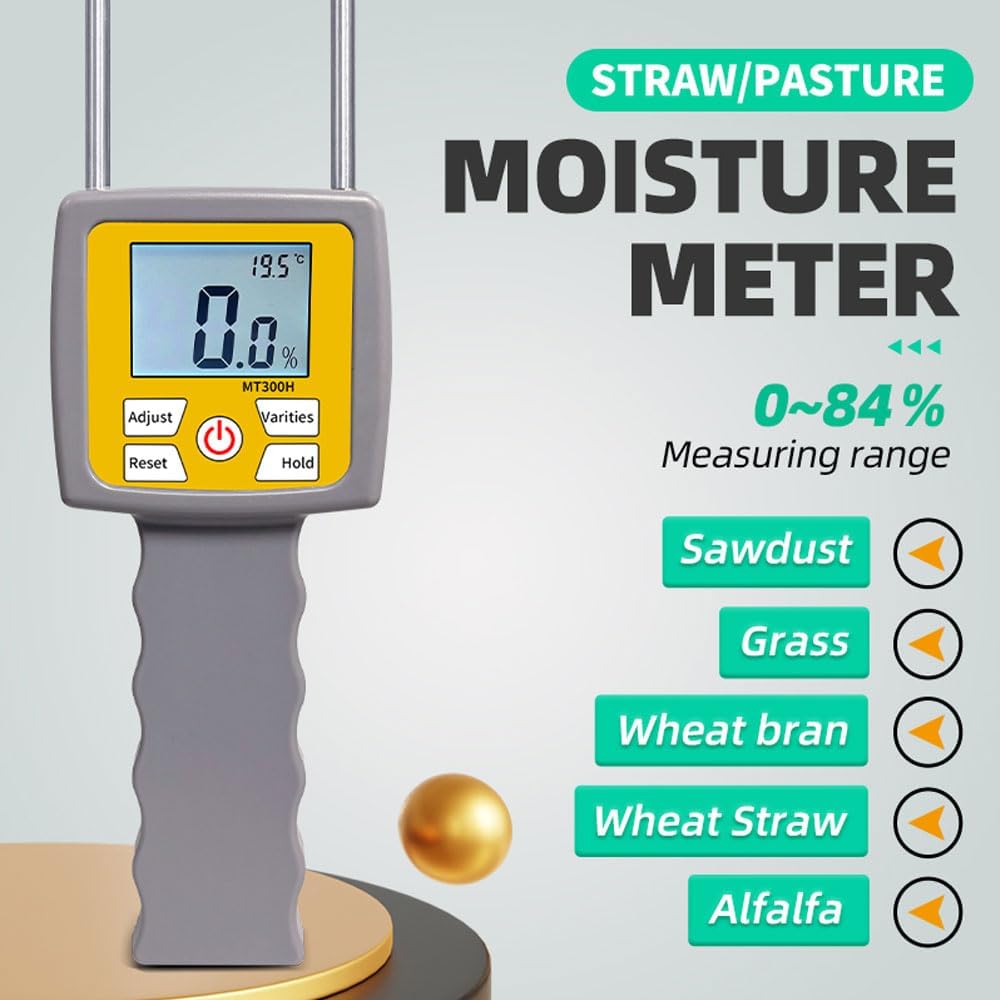 Hay Bale Moisture Tester, Hay Moisture Meter with Long Probe, Portable Bale Moisture Meter for Hay Bales, Forage Grass, Alfalfa, Orchard Grass and Other Hays | Portable Digital Probe with Backlit LCD, 0-84% Moisture Range for Hay Bales