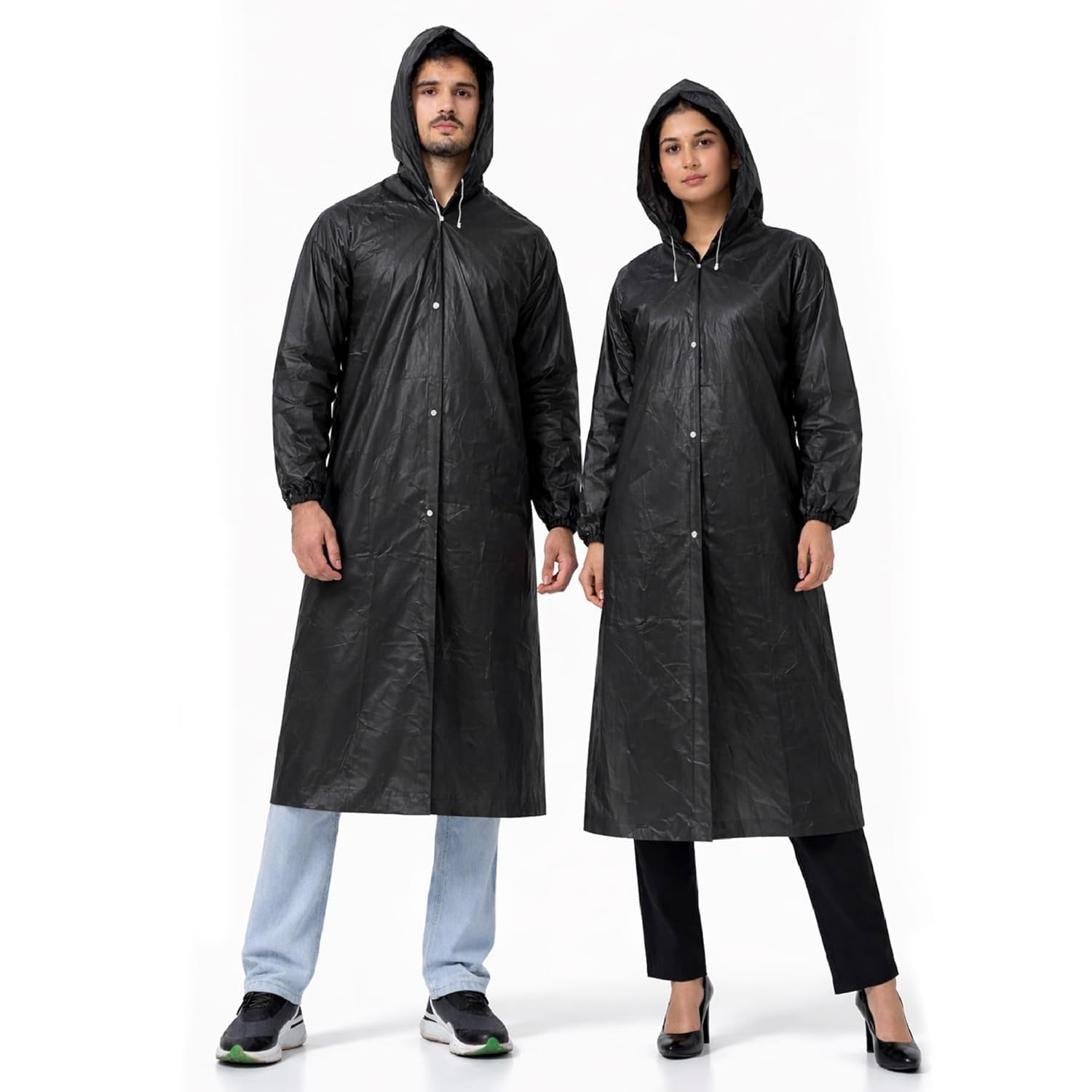 Spotview EVA Reusable Raincoat with Hood (Black) - Pack of 1 | Elasticated Full Sleeves Outdoor Waterproof Raincoat for Men & Women | Rainwear | Button Closure | Knee Length | Universal Fit-image-10