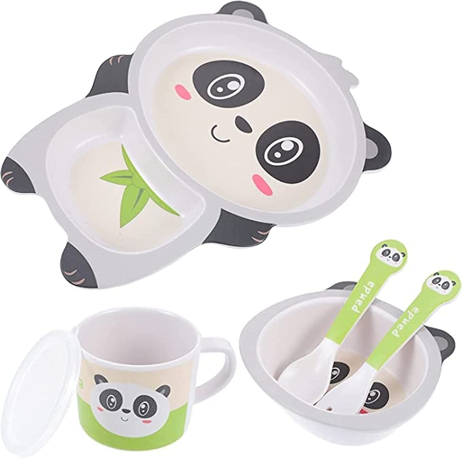 AMERTEER Bamboo Kids Dinnerware Set - Children Dishes - Food Plate Bowl Cup Spoon Fork Set Dishware，BPA Free Dishwasher Safe (panda)