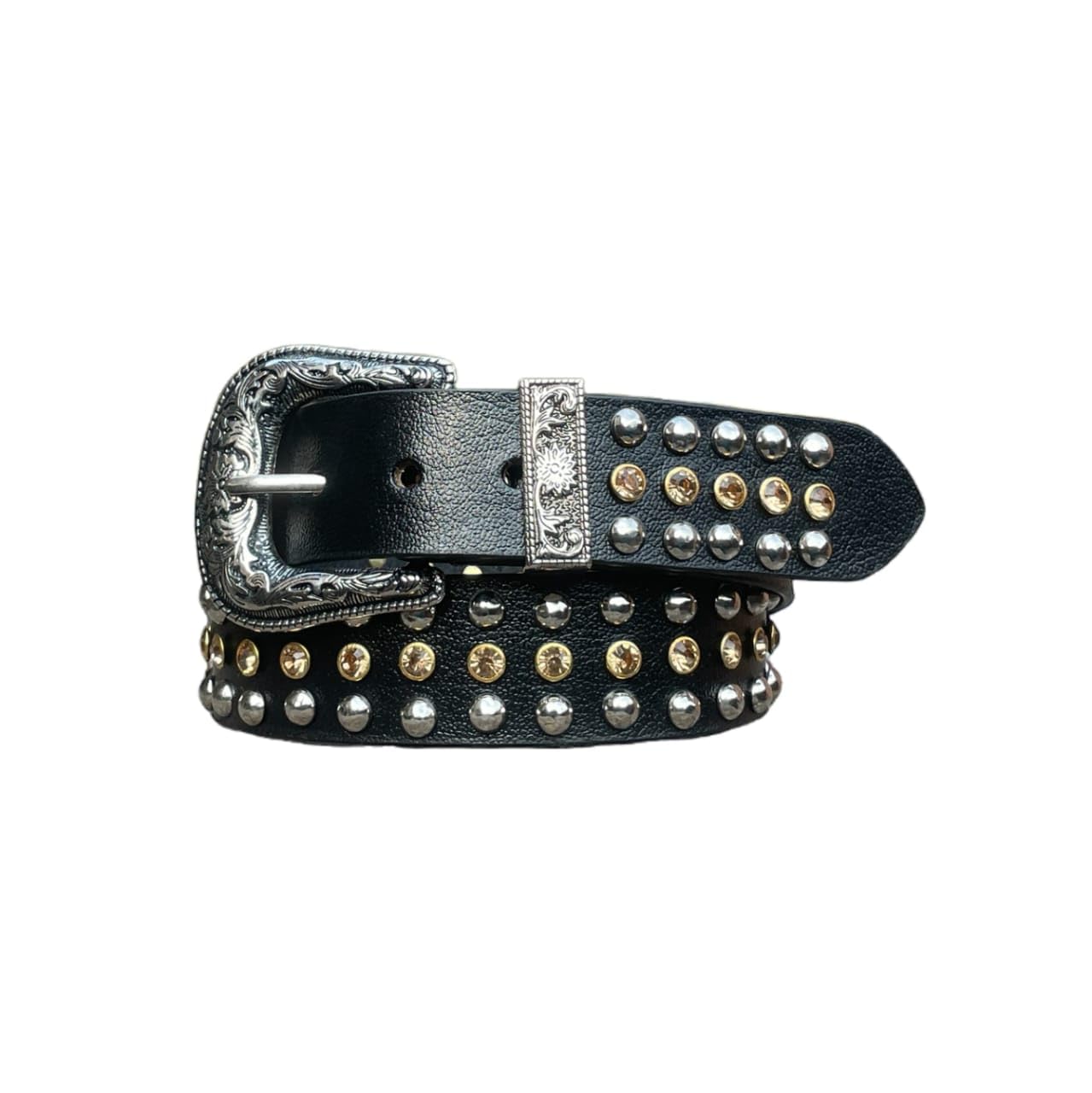 Hunter&SKin Western Style Leather Belt with Silver Buckle, Studded Design, Gold and Silver Rivets, Black