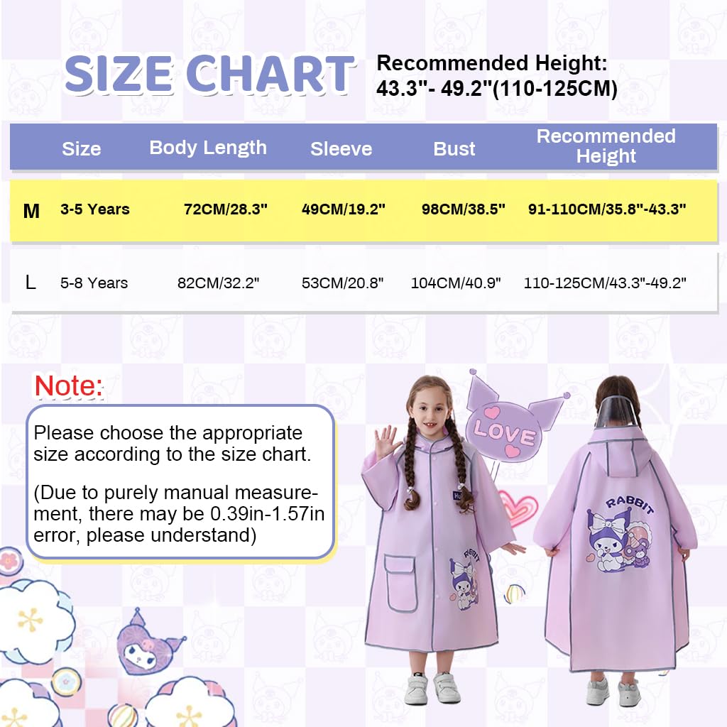PATPAT® Rain Poncho for Girls Kids Rain Coat EVA Rain Coat Knee-length Rain Coat with Transparent Wide Brim Hat & Pocket Button-Up High Collar Rain Coat Cartoon Kuromi Rain Coat for School, Camping, L - Image 2 thumbnail