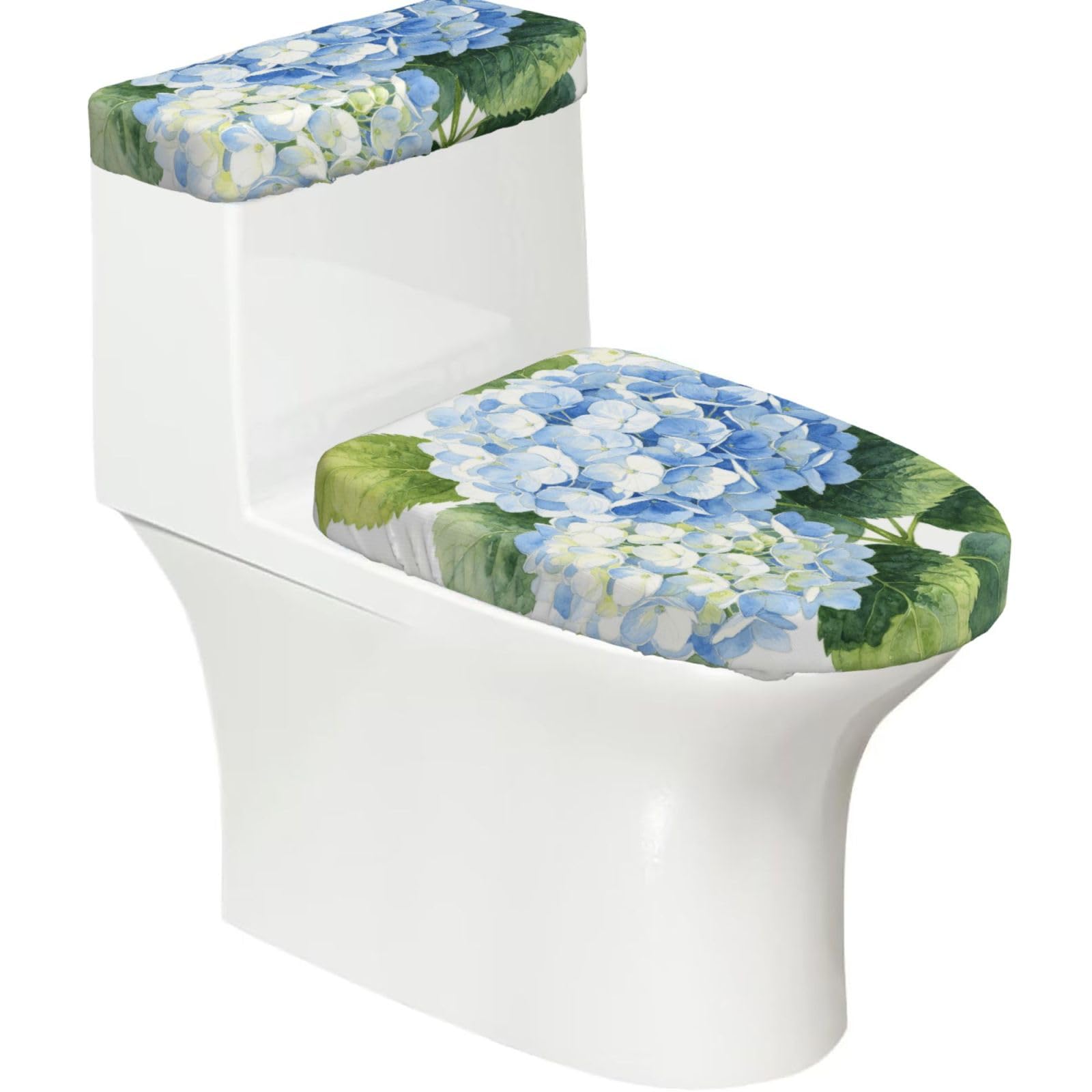 Blue Round Bloom Elastic Toilet Cover Set of 2-Stretchy Lid and Tank Covers for Bathroom, Soft Washable U Shape Toilet Decor