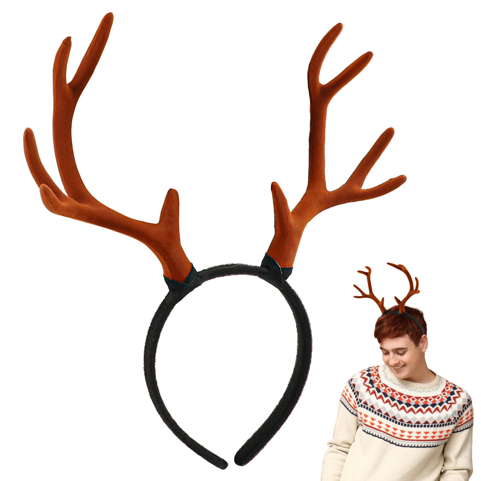 Qerutk Adjustable Deer Antlers Headband, Reindeer Antlers-headband, Large Antler-ears Hairband, Plush Reindeer-Headband