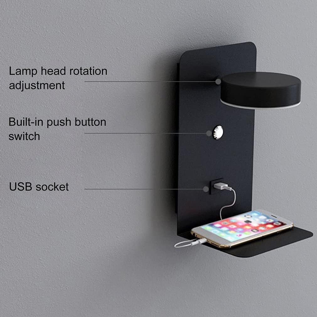 Reading Wall Light with USB Port Charging Rack Bedside Lamp with Switch -Black