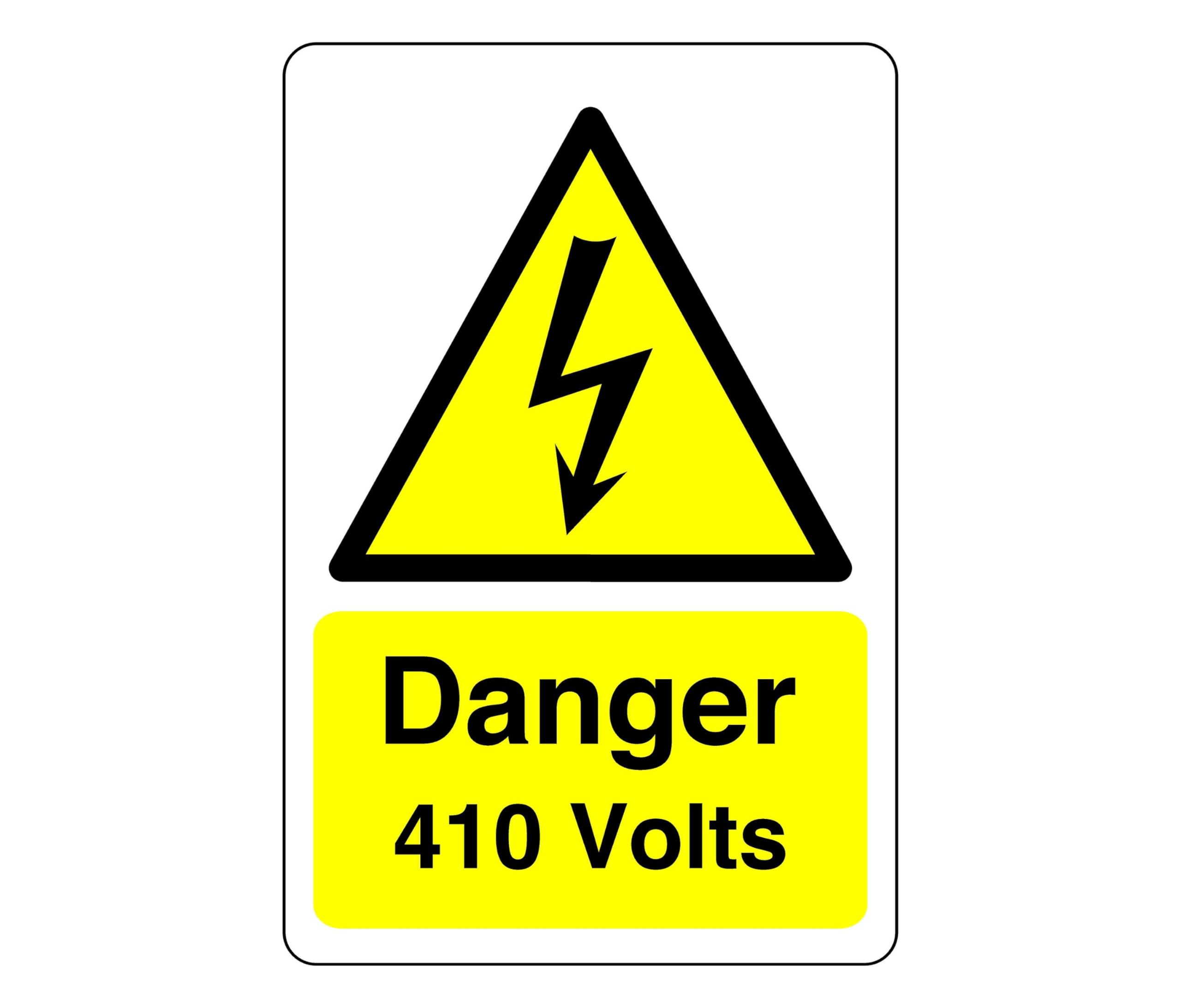 Danger 410 volts sign - 1.2mm Rigid plastic for indoor/outdoor usage (200mm x 150mm) Viewing Distance within 5m.