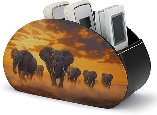 Elephant Walking at Sunset Remote Control Holder with 5 Compartments Leather TV Remote Caddy Remote Storage Box Desktop Organizer for Pen/TV Remotes/Media Controllers/Office Supplies