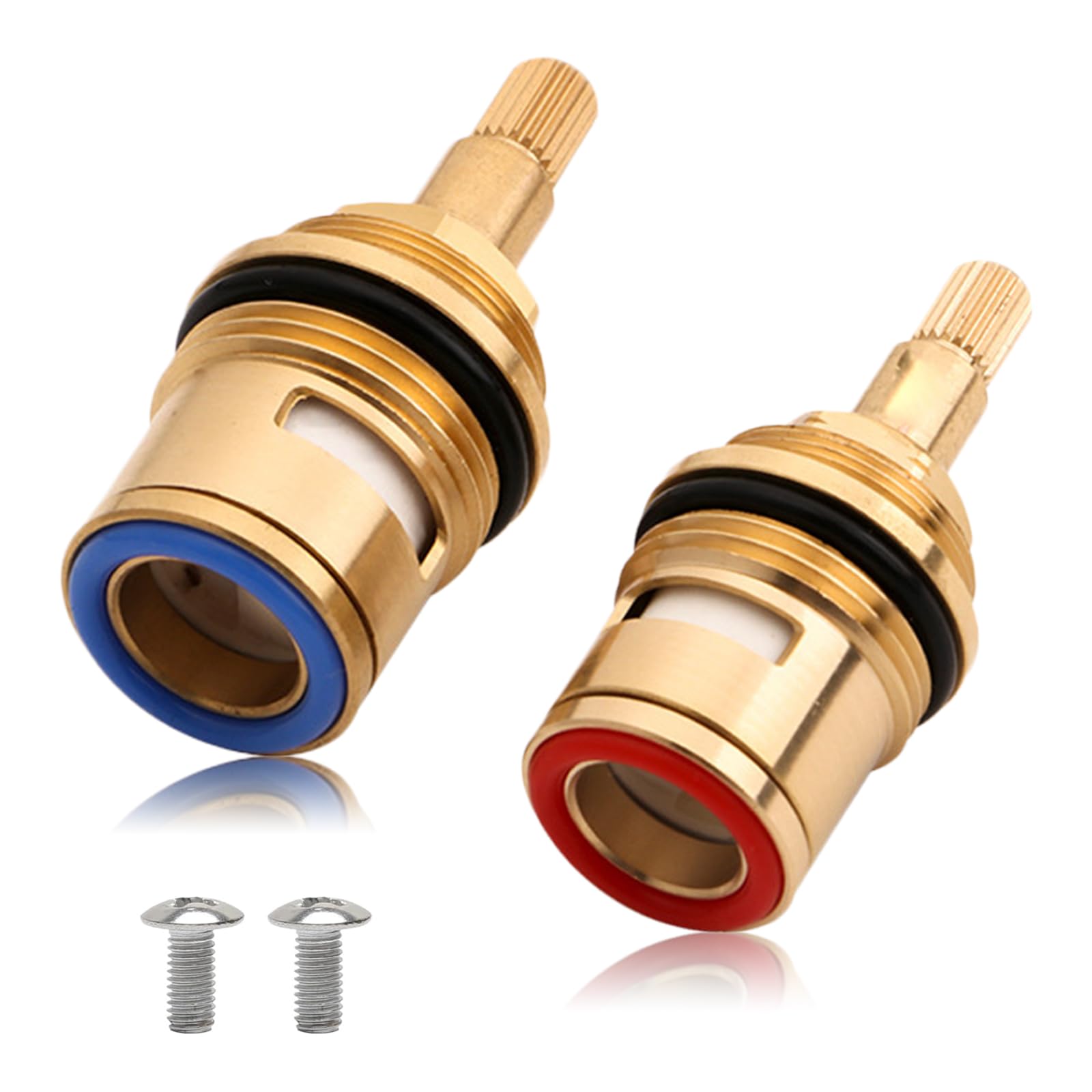 2Pcs 3/4 Mixer Tap Cartridge for Bathroom Kitchen, 1/4 Turn 20 Teeth Replacement Ceramic Tap Cartridges Valve Solid Brass Ceramic with Screws (1 Pair Hot & Cold)