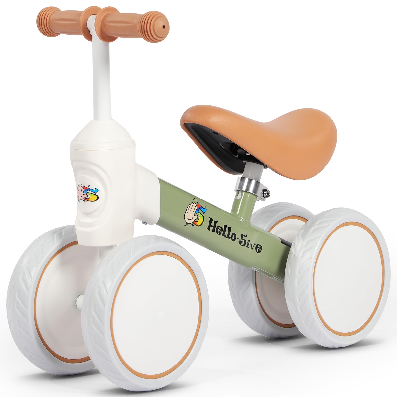 Hadibio Baby Balance Bike 1 Year Old No pedal 4 Wheels, Toddler Bike Adjustable Seat for 10-36 Months, Baby Bike Toys for 1 Year Old Boys Girls 1st Birthday Gifts, 51*14.5*42.5cm, Brown Green