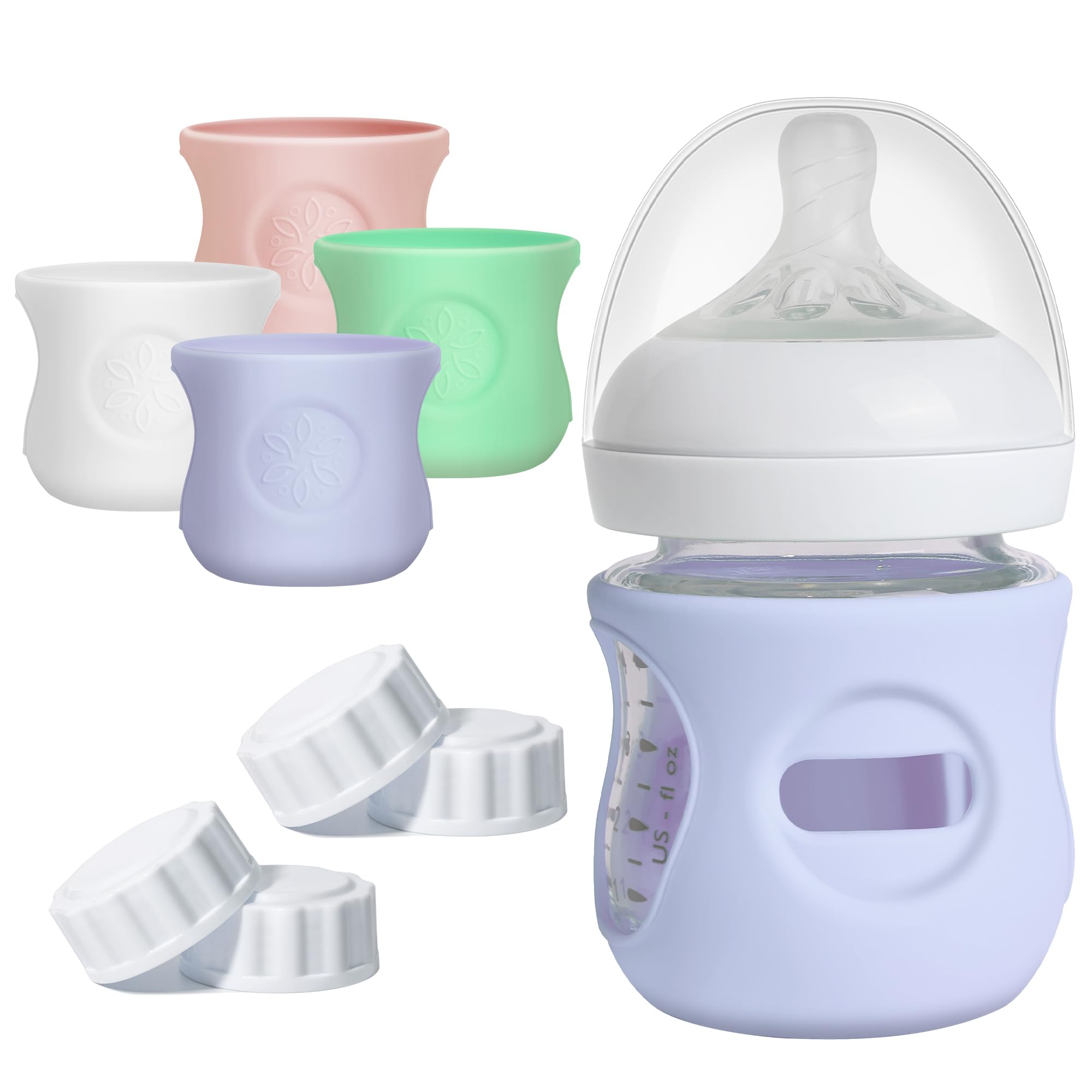 Joxodak 4 Pack Silicone Sleeves for Philips Avent Natural Glass Bottle, Food Grade Silicone Cover and 4pcs Travel Caps, Lids Replacement (White+Pink+