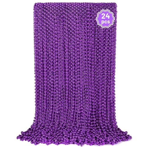 YAXINRUI 24 PCS Purple Mardi Gras Beads Halloween Beads 33 Inch Round Beaded Necklace Costume Necklaces for Mardi Gras Christmas Halloween Party Favors Mothers Day Decor