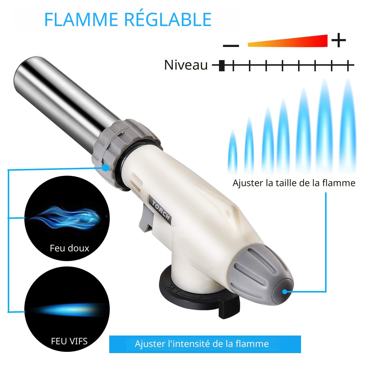 Chalumeau de Cuisine Professionnel - CHAMP HIGH - Brûleur 18,5 cm - Double flamme réglable jusqu'à 1400°C - Maison
