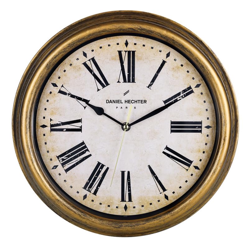 Daniel Hechter Paris Rhône Collection Wall Clock, Silent Sweep Non-Ticking,14 Inch (34.5 cm) HD Glass Vintage Dial, Gold Retro Plastic Frame, Modern Decorative Clock for Home & Office – DHCL1005
