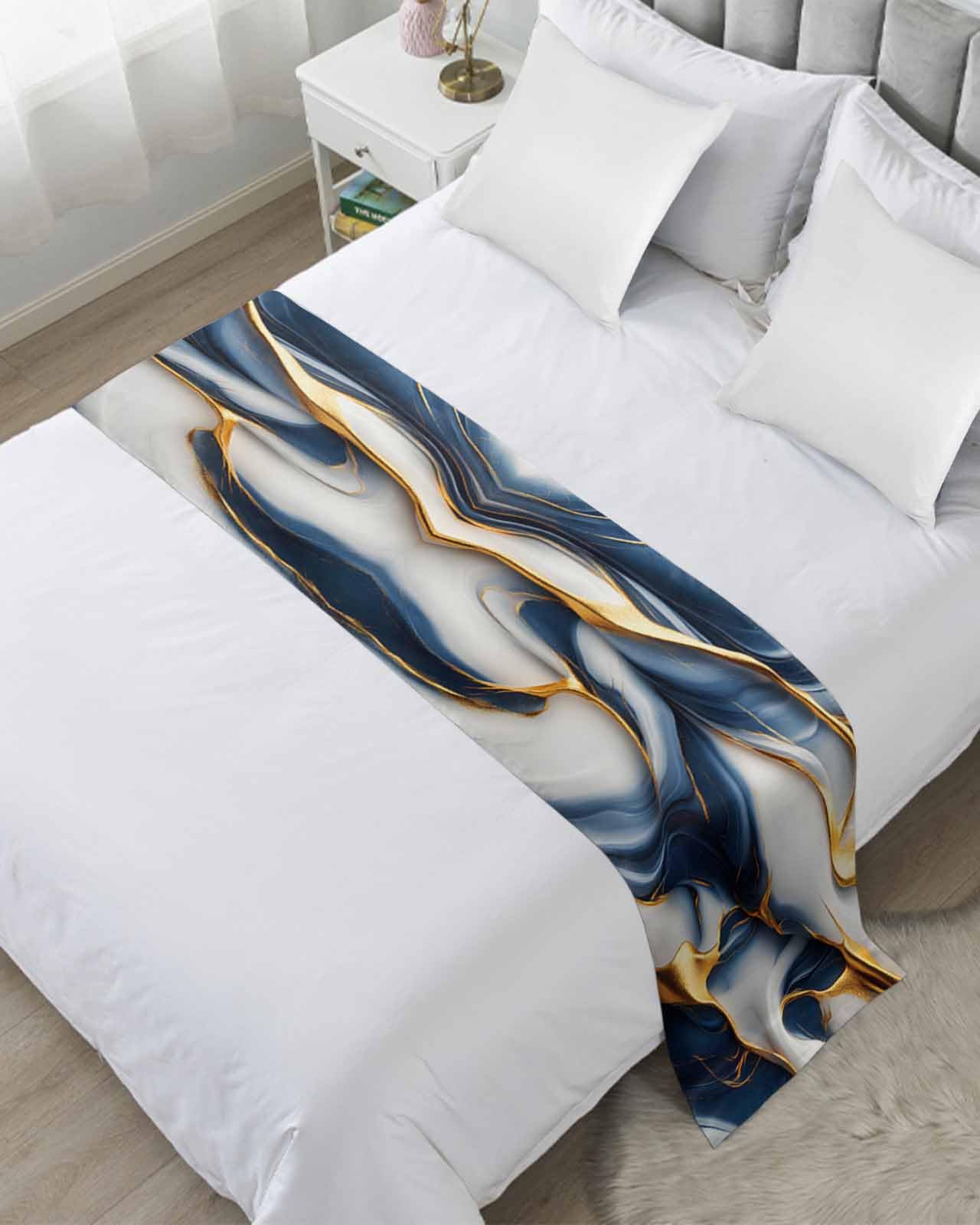 Navy Blue Marble Bed Runner Scarf for Twin Size Bed Foot,Decorative Bedding Accessory Stainproof & Dustproof Soft Protector For Bedroom Wedding Room Gold Modern Granite Surface Motif Sketch 71