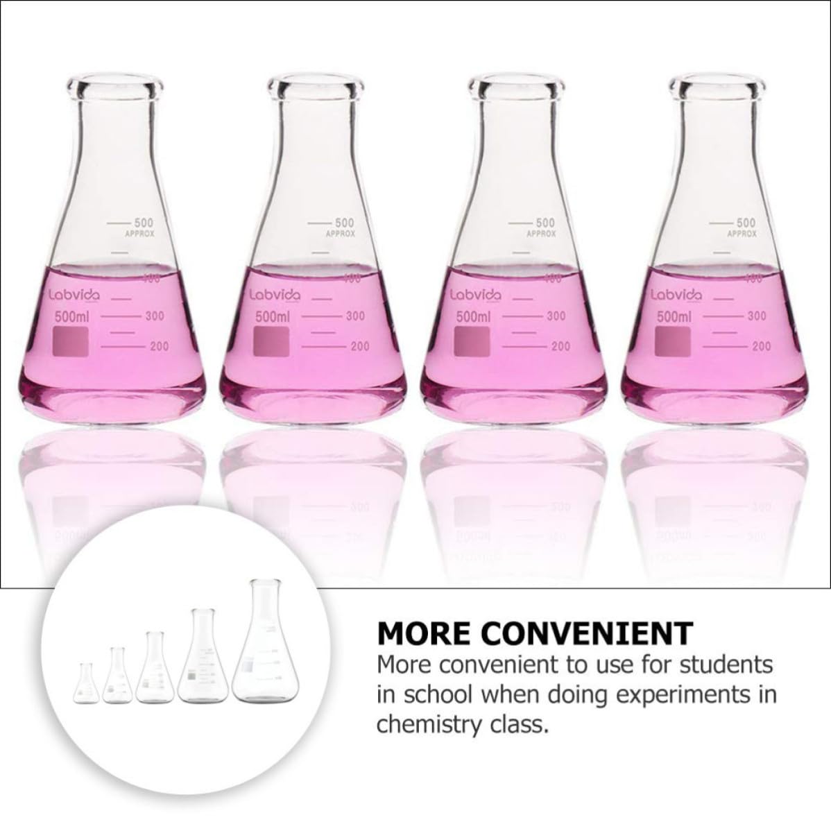Beuta Erlenmeyer 5 Pezzi in Vetro Borosilicato da Laboratorio | Collo Ampio, Fondo Piatto, Tacche Graduate, 50ml 150ml 250ml 500ml 1000ml