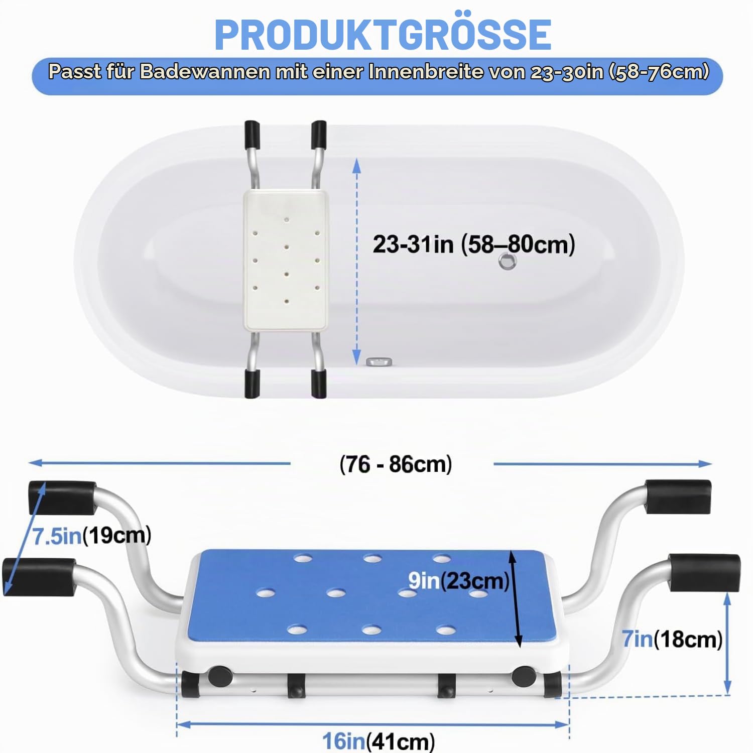 NEWFUN Badewannensitz Senioren,Badewannensitz Erwachsene,Belastbar bis 136 kg,Aluminium,Ausziehbar,Breite von 76 bis 86 cm Variierbar,Anti-RutschModerne Badezimmerhilfe für Senioren