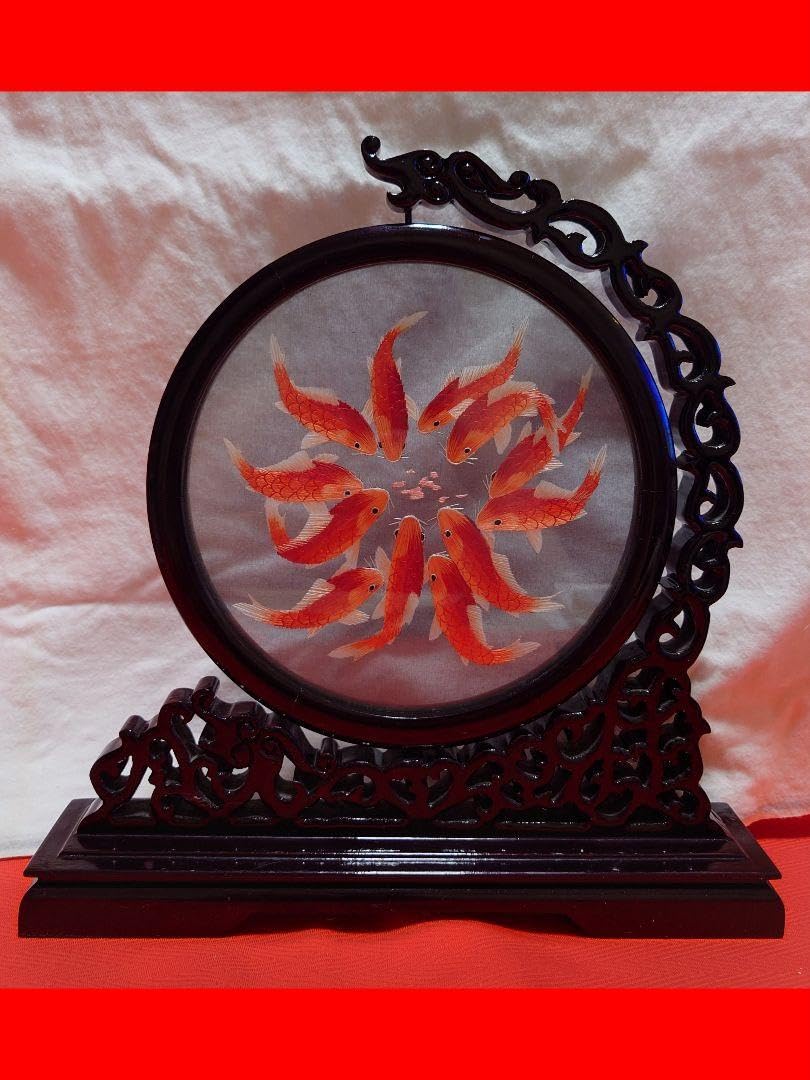 蘇州 蘇繍 両面刺繍 金魚 縁起物 床の間 正月 天然木材座 中国工芸品 蘇州 蘇繍 両面刺繍 金魚 縁起物 床の間 正月 天然木材座 中国