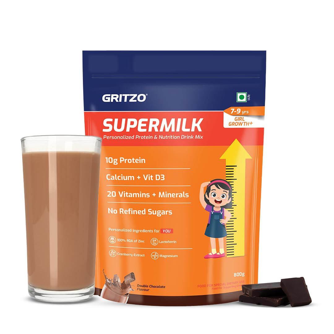 Gritzo SuperMilk Growth+ (Formerly Height+) (7-9y Girls), 10g Protein Powder (Double Chocolate, 800g) | Zero Refined Sugar, 20 Vitamins & Minerals