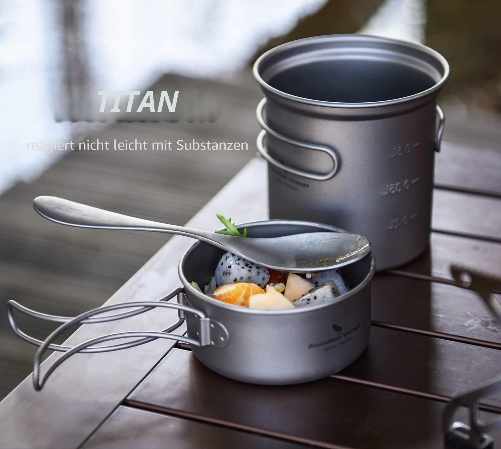 iBasingo Titan Töpf Pfanne Set Camping Kochgeschirr Leichte Outdoor Schüssel Set Koch Mess Kit mit Klappgriff Küchen Utensilien für den Außenbereich 2 Stücke/Set
