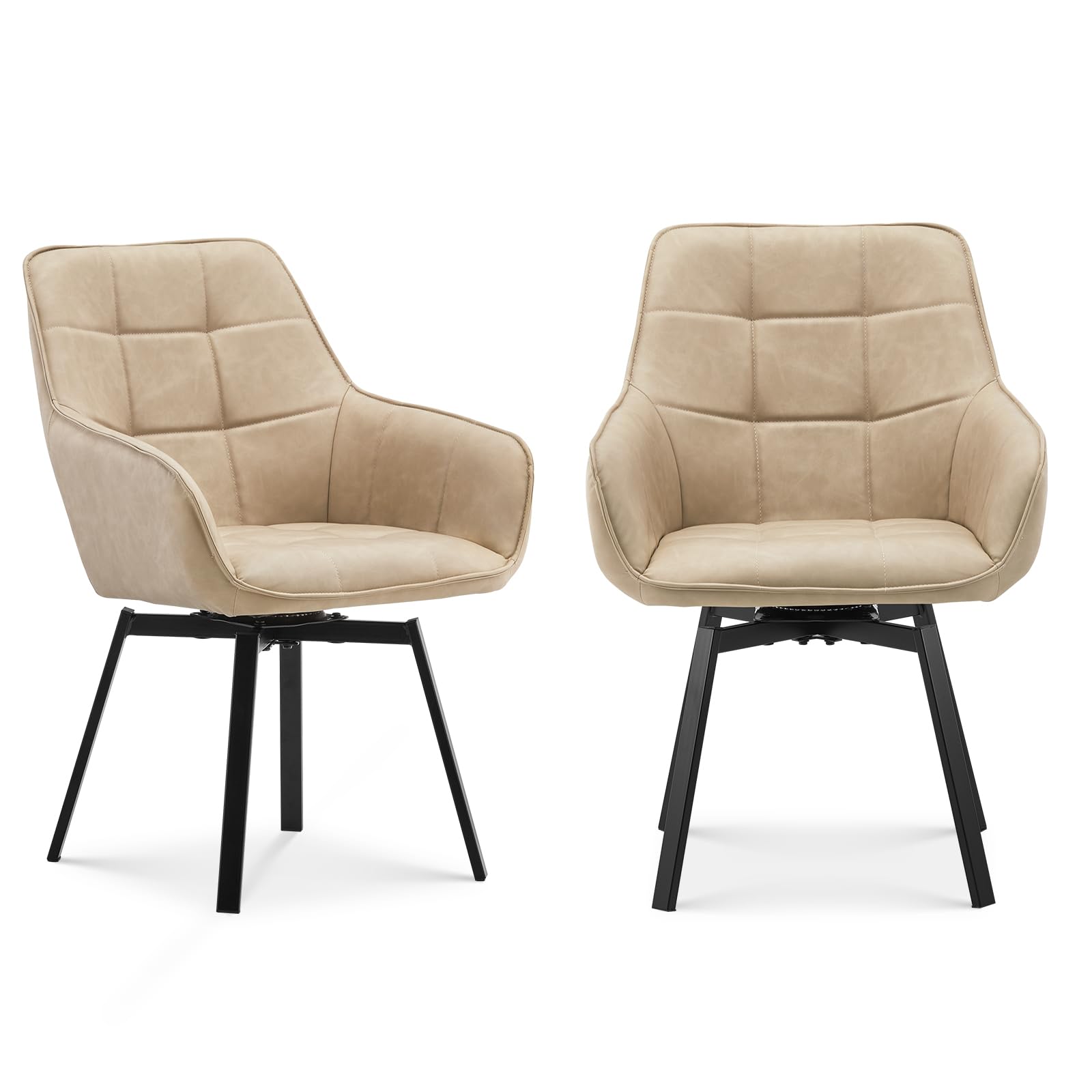 TUKAILAi Swivel Dining Chairs Set of 2 Cream PU Leather Thick Padded Upholstered Tub Chairs Rotatable with Arms and Metal Legs for Home Kitchen,Office Reception,Dressing, Restaurant