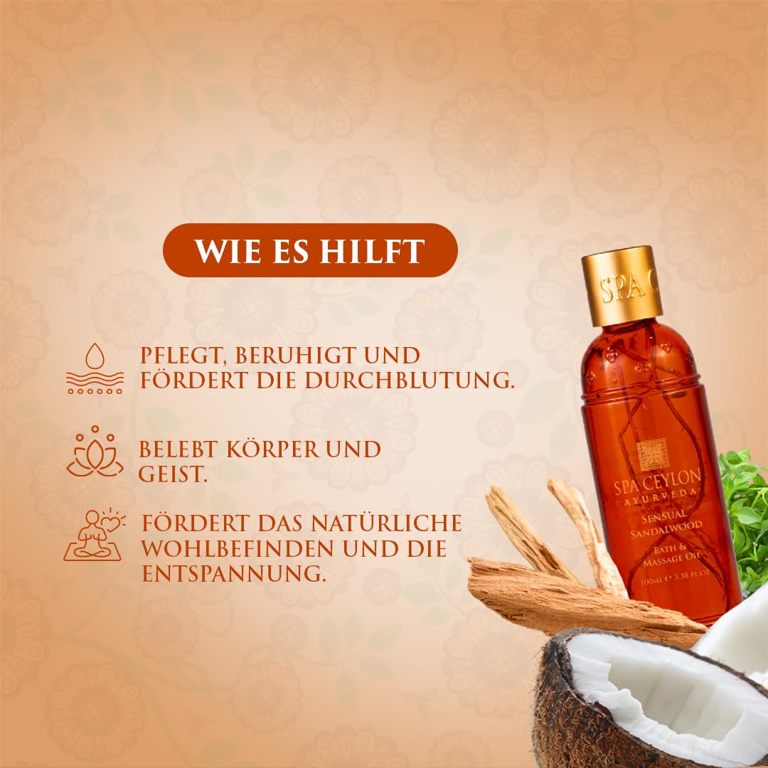 SPA CEYLON Sensual Sandalwood Bath & Massage Oil, 100 ml – ayurvedisches Bade- & Massageöl mit Sandelholz, intensiv nährend & entspannend, warm-holziger Duft
