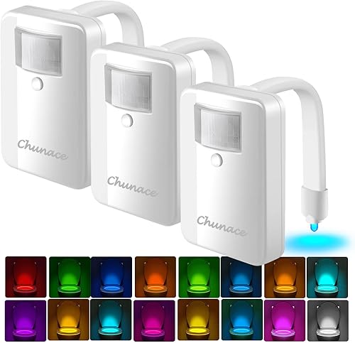 Chunace Paquete de 3 luces nocturnas para inodoro con sensor activado por movimiento, luz nocturna LED de 16 colores en el interior, cosas geniales