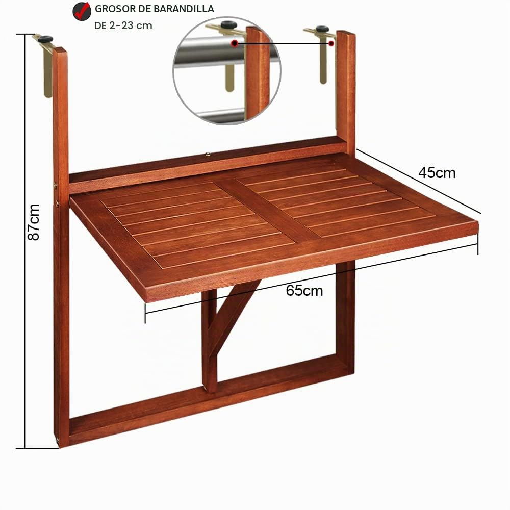 Casaria® Mesa Plegable Balcón Madera Certificación FSC® Capacidad Carga 40kg 65x45cm Barandilla Terraza Exterior Acacia Colgante