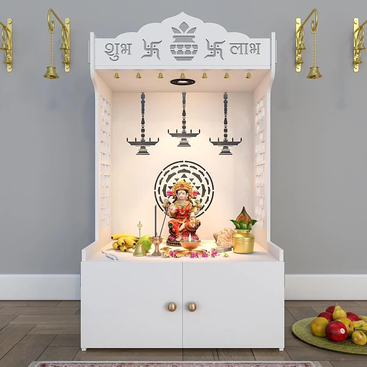 Timeless Wooden Templ/Mandir for Home with Spacious Shelf Inbuilt Focus Light, 46 Centimeters, 109 CM Generous Size White