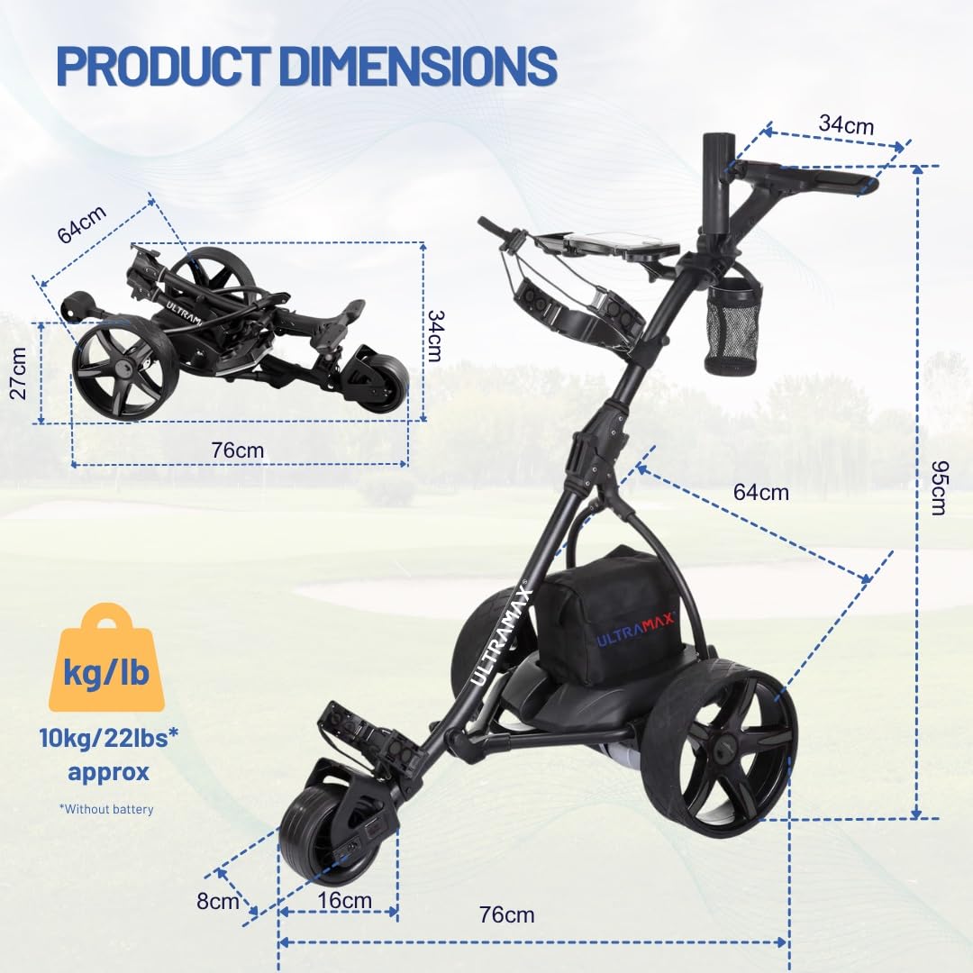 Ultramax Elektrischer Golftrolley mit Blei-Säure-Akku und Ladegerät | Gratis Zubehör | 9-Gang-Steuerung | Automatische Distanz | Leichtes Faltbares Aluminium